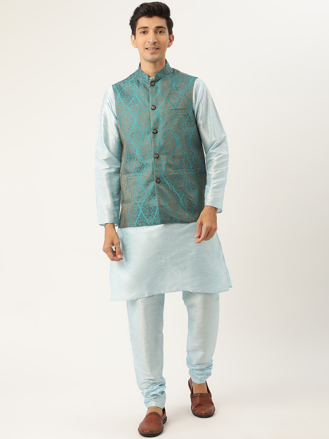 

SOJANYA Men Blue Solid Kurta Set With Ethnic Motifs Nehru Jacket