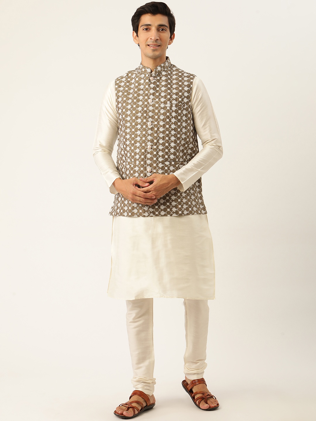 

SOJANYA Men Off White & Olive Green Thread Work Kurta with Churidar And Nehru Jacket