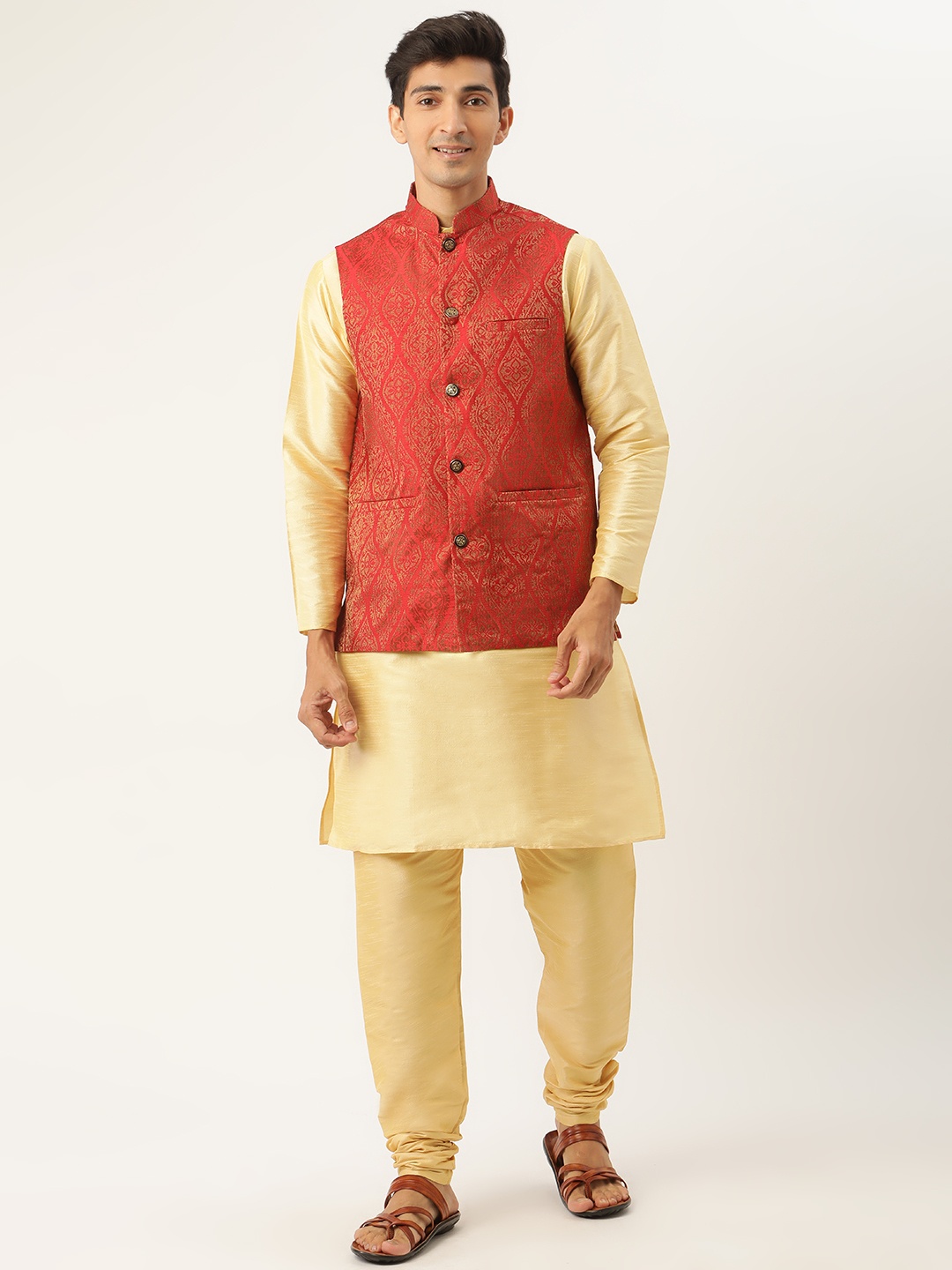 

SOJANYA Men Beige Solid Kurta Set With Ethnic Motifs Nehru Jacket