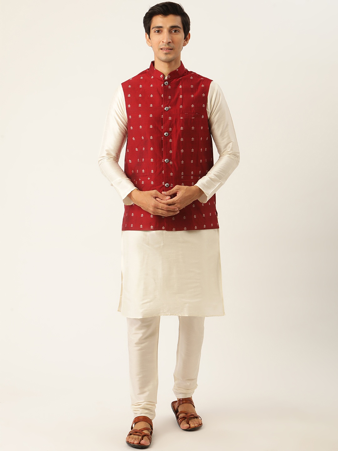 

SOJANYA Men Off White & Maroon Kurta with Churidar