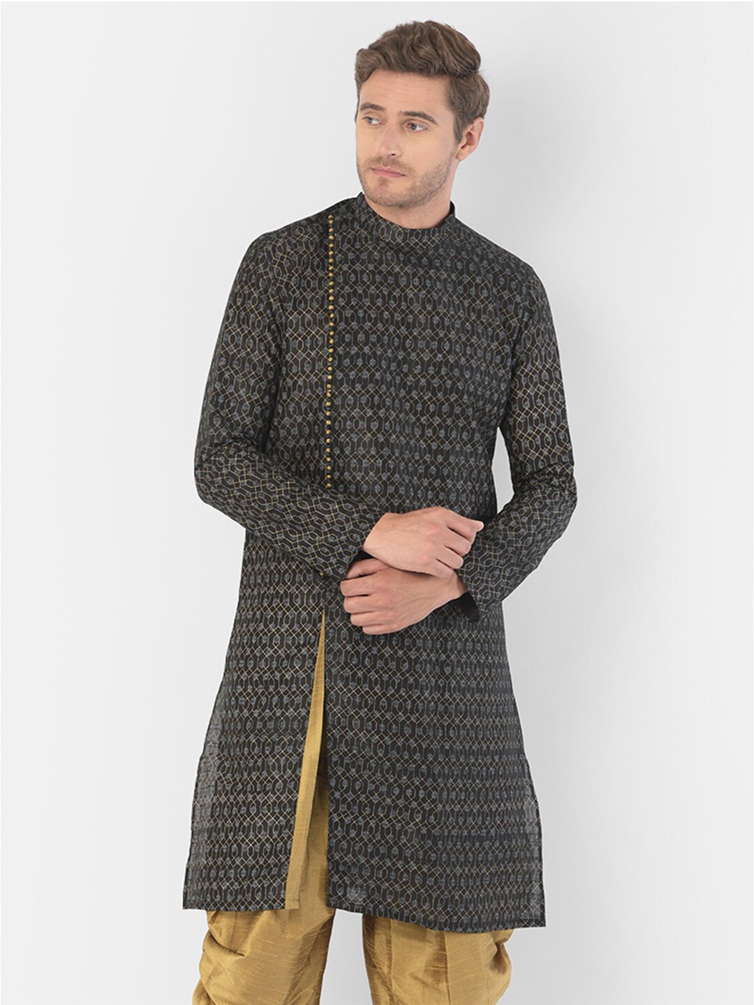 

DEYANN Men Black Ethnic Motifs Printed Kurta