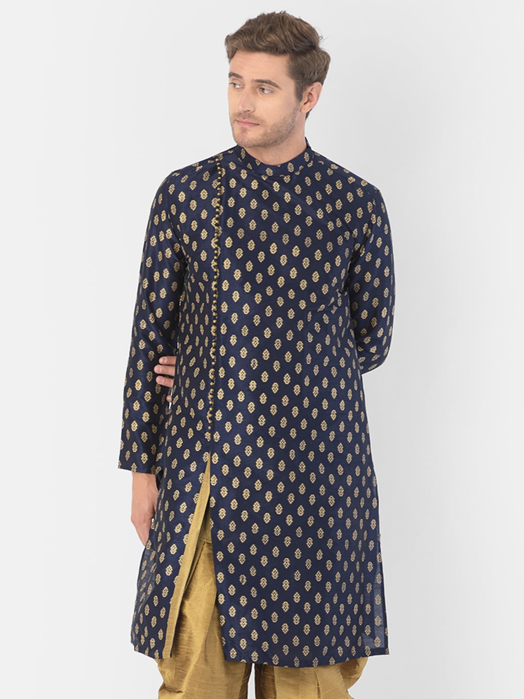 

DEYANN Men Navy Blue & Beige Ethnic Motifs Printed Kurta