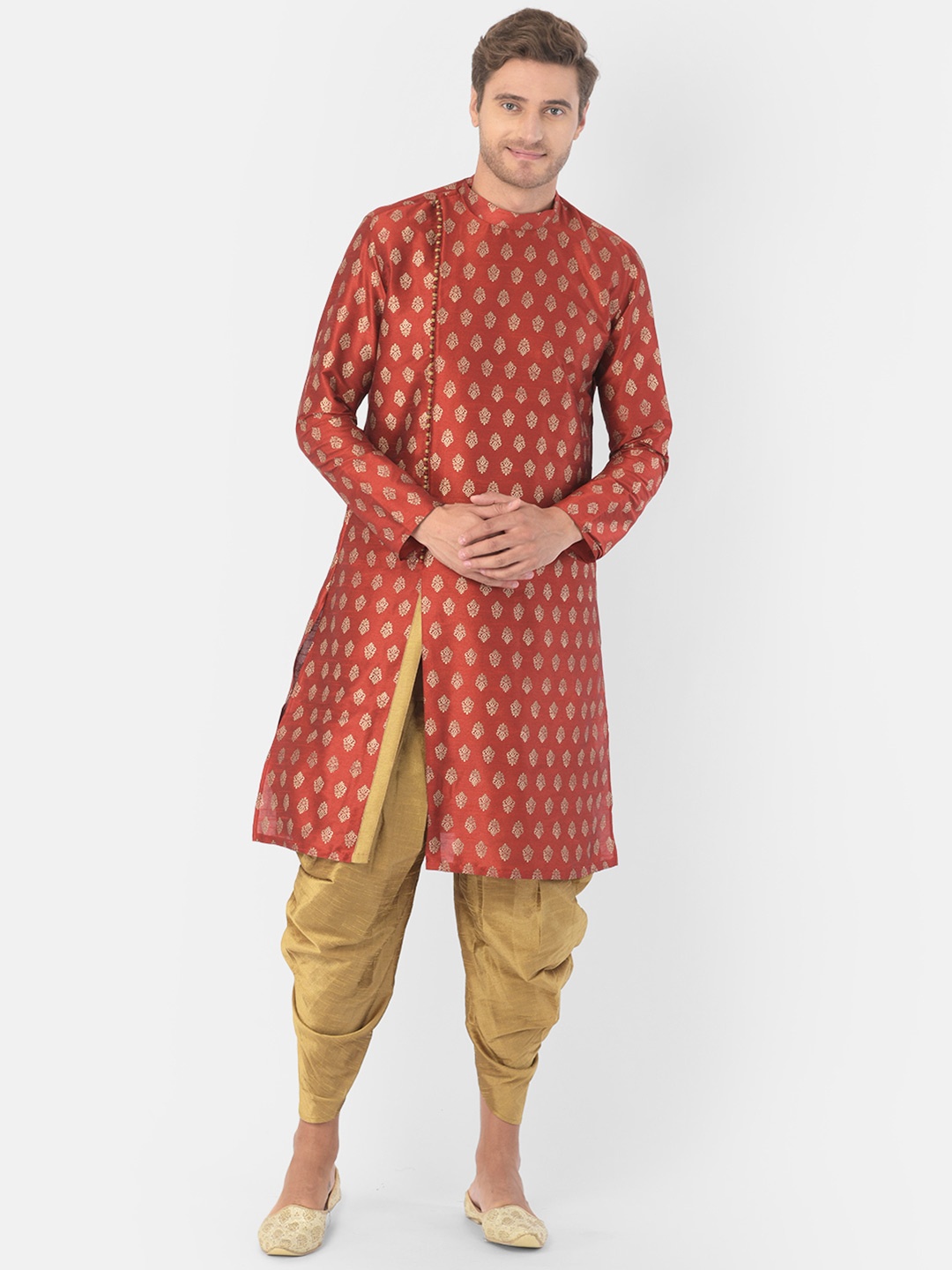 

DEYANN Men Red & Gold-Toned Ethnic Motifs Kurta