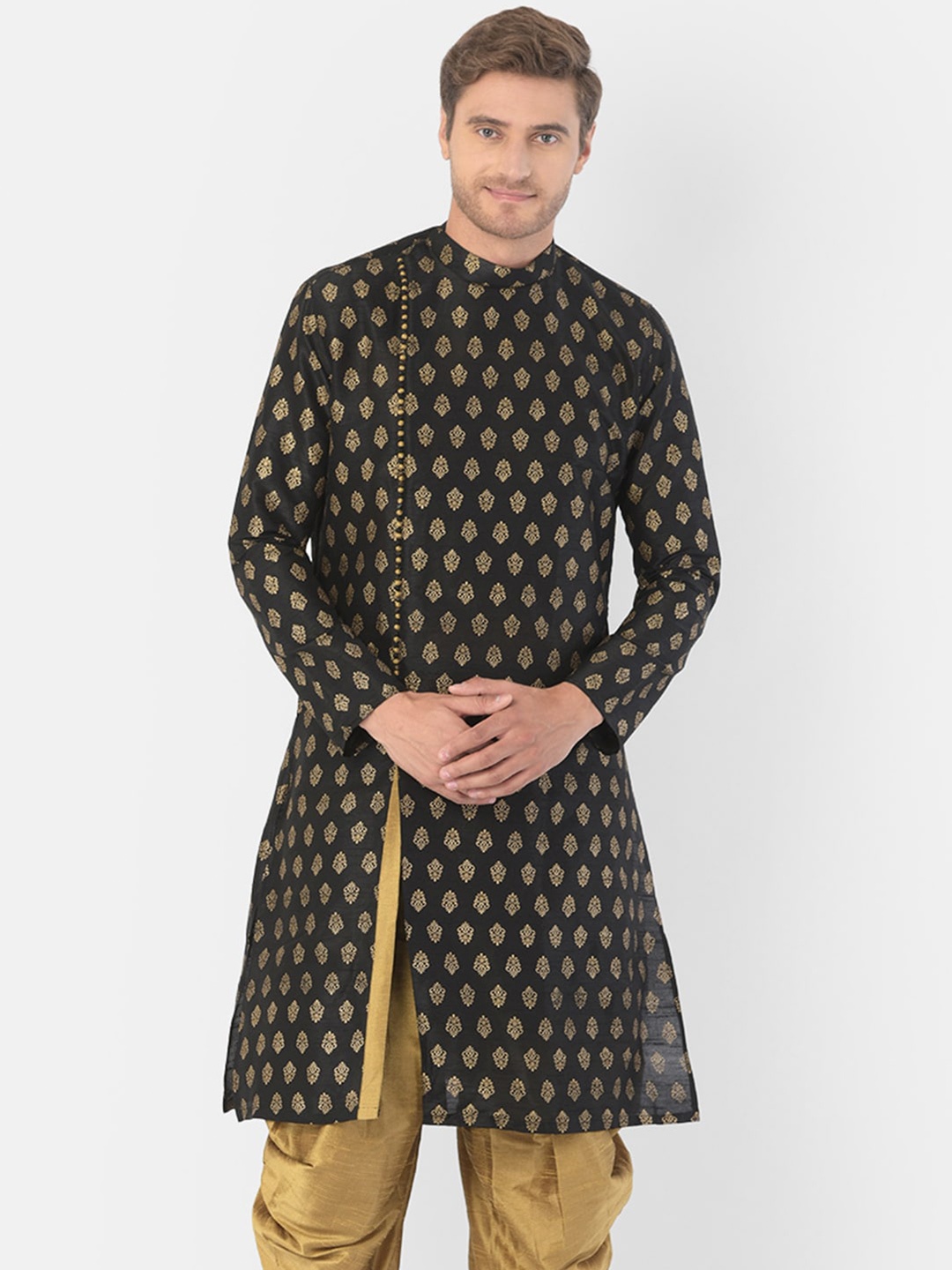 

DEYANN Men Black Ethnic Motifs Mandarin Collar Straight Kurta