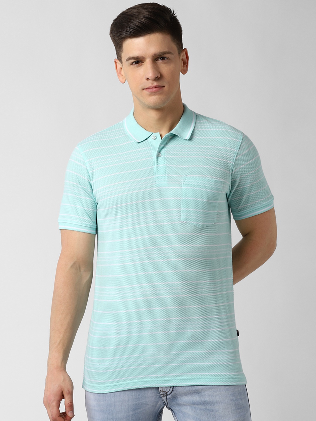 

Peter England Casuals Men Turquoise Blue & White Striped Polo Collar T-shirt