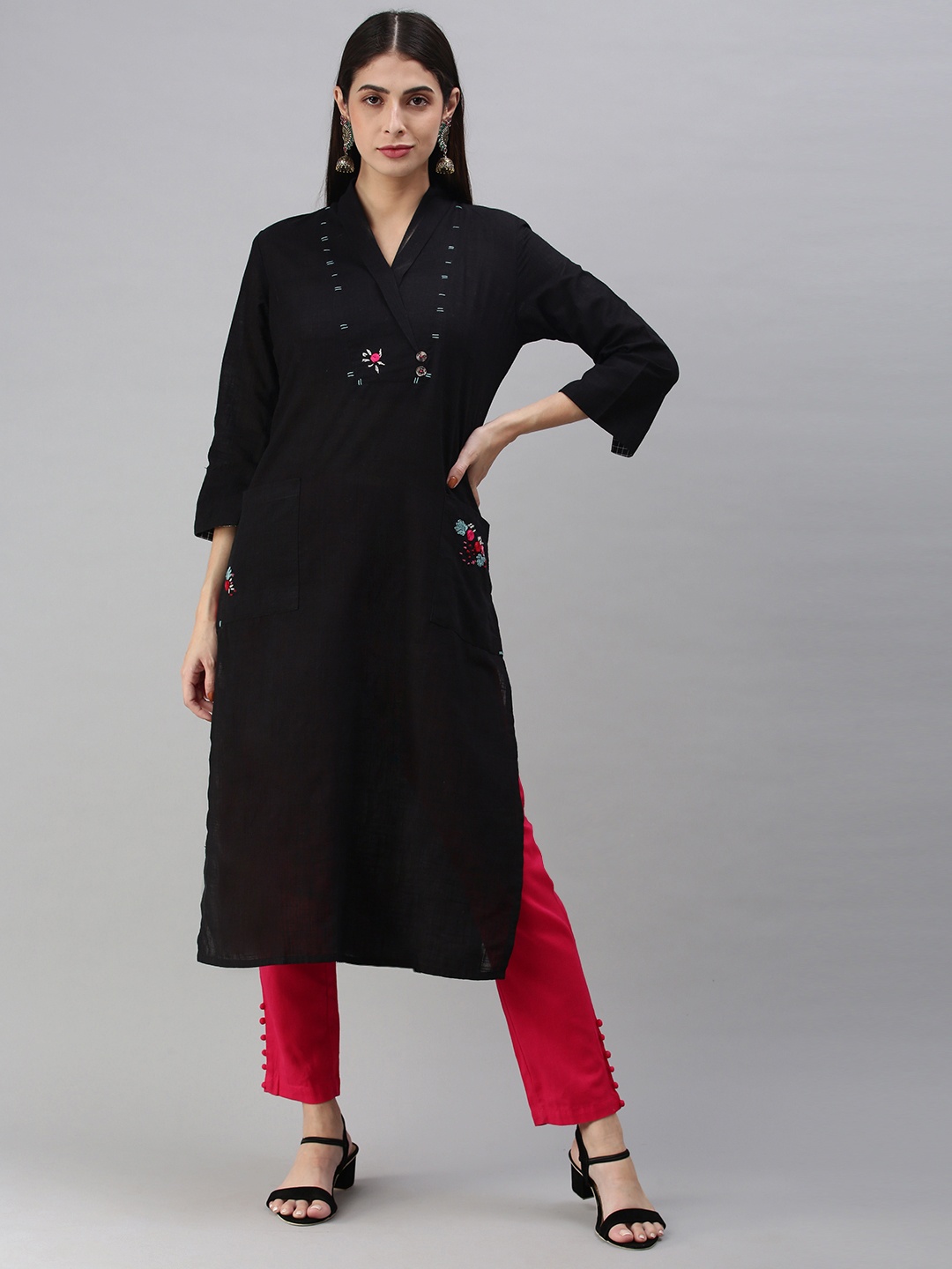 

araaliya Women Black Solid Thread Work Kurta