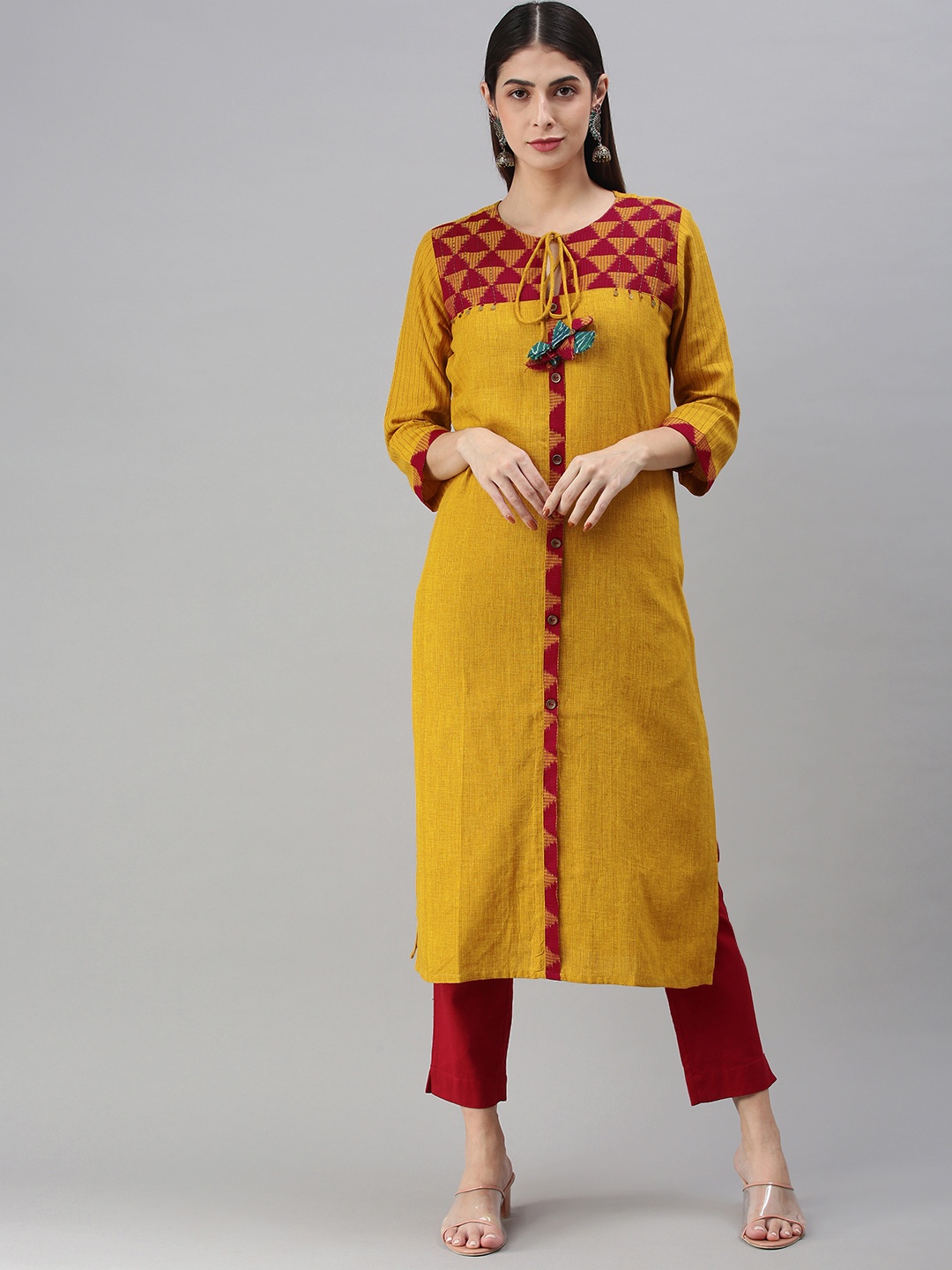 

araaliya Women Mustard Yellow & Red Geometric Printed Kurta