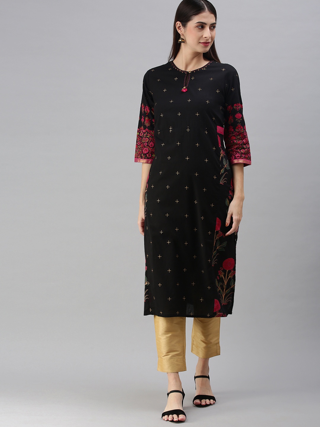 

araaliya Women Black Floral Printed Keyhole Neck Thread Work Floral Kurta