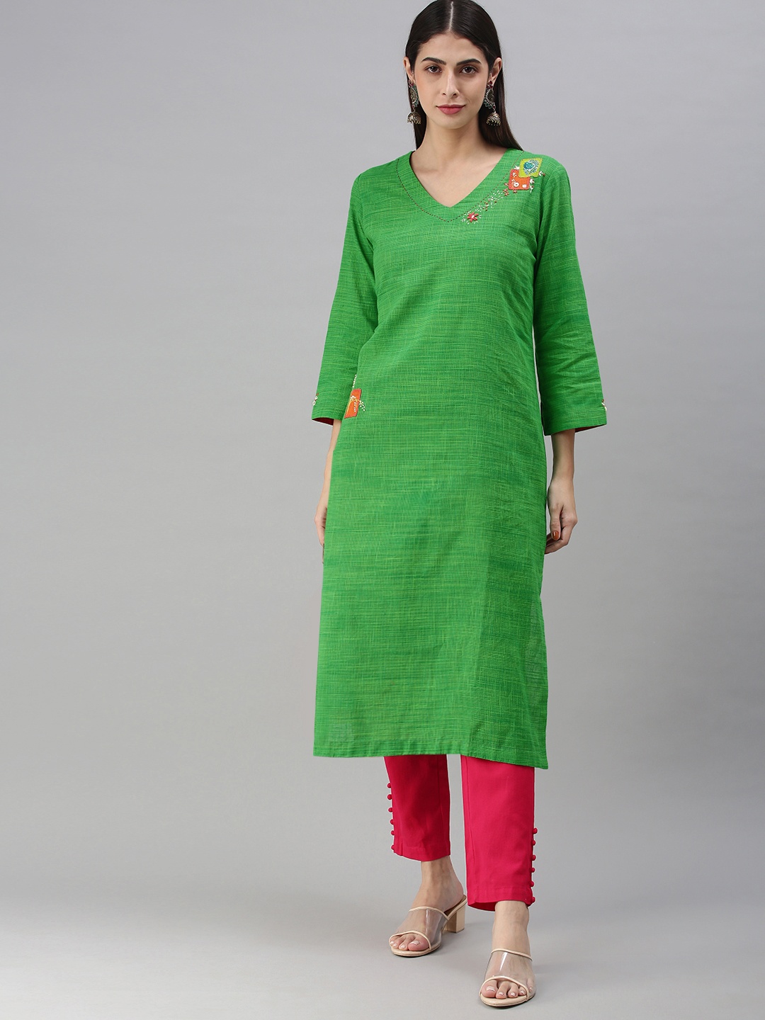 

araaliya Women Green Solid Thread Work Kurta