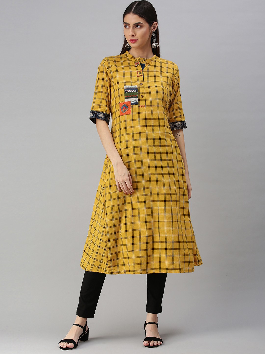 

araaliya Women Mustard Yellow & Black Checked Thread Work Kurta