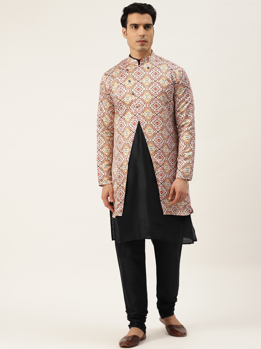 

SOJANYA Men Black & Off-White Solid Kurta with Churidar & Jacket