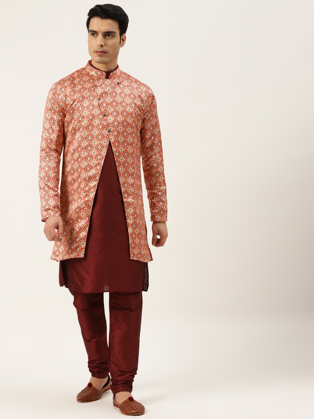 

Sojanya Men Peach-Coloured & Maroon Solid Kurta Pyjama & Printed Sherwani Set