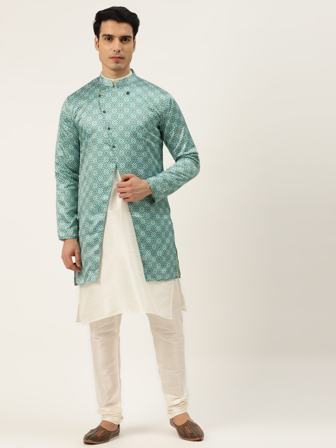 

SOJANYA Men Off White & Green Kurta with Churidar