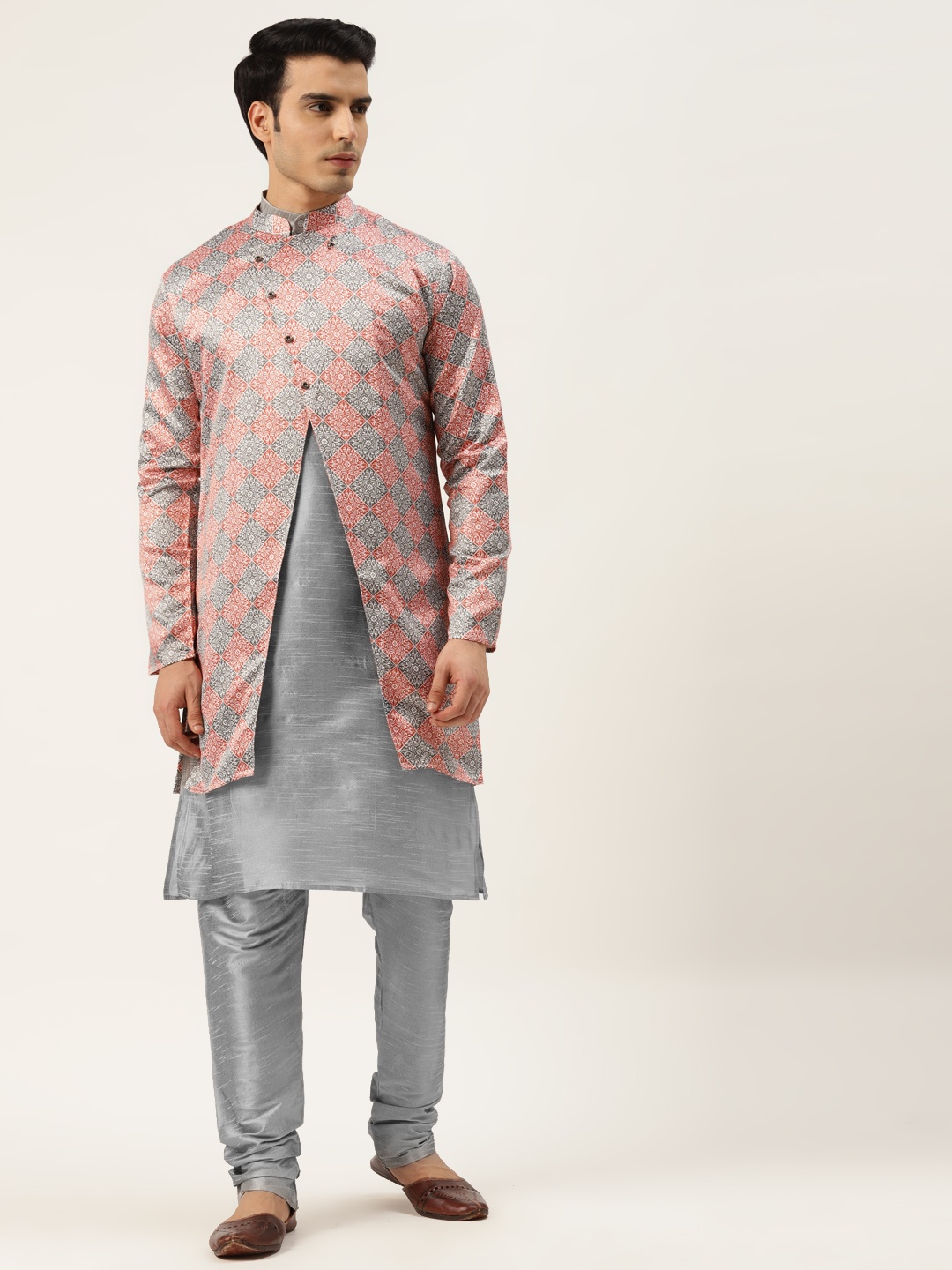 

SOJANYA Men Grey & Rust Orange Kurta with Churidar