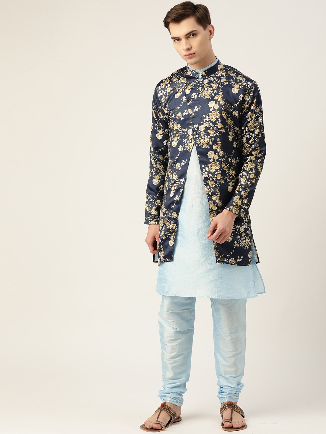 

SOJANYA Men Blue & Beige Floral Printed Kurta with Churidar