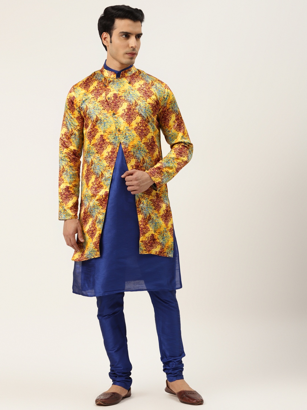 

SOJANYA Men Blue & Yellow Solid Kurta with Churidar & Printed Jacket