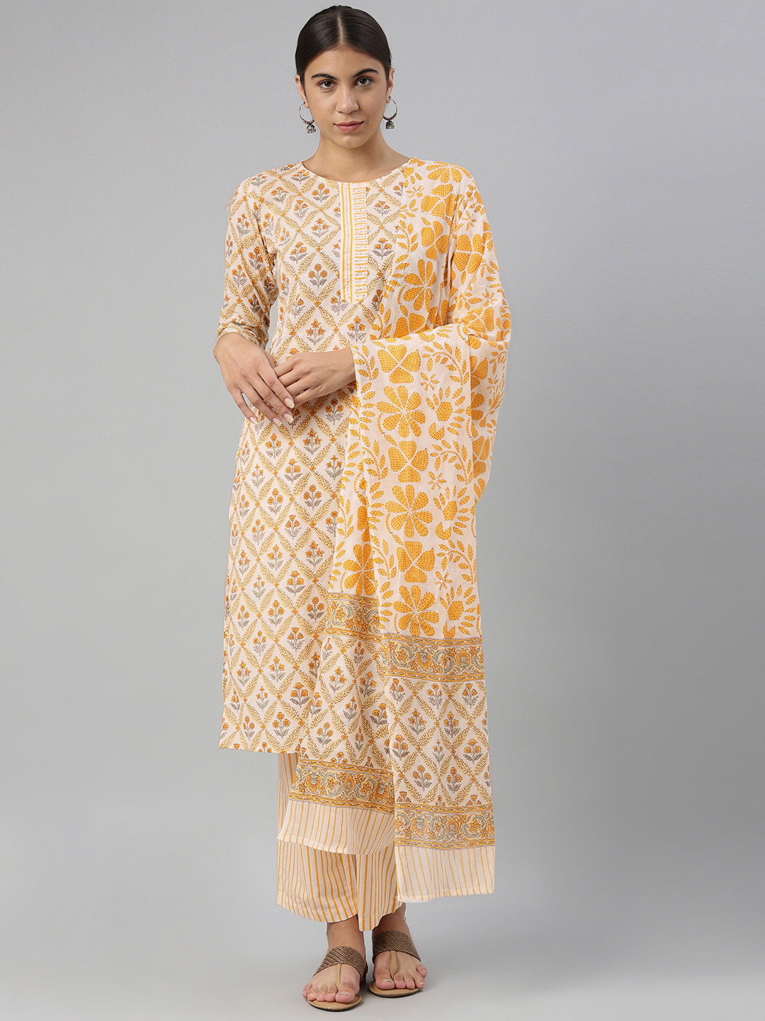 

AHIKA Women White & Yellow Printed Pure Cotton Kurta with Palazzos & Dupatta