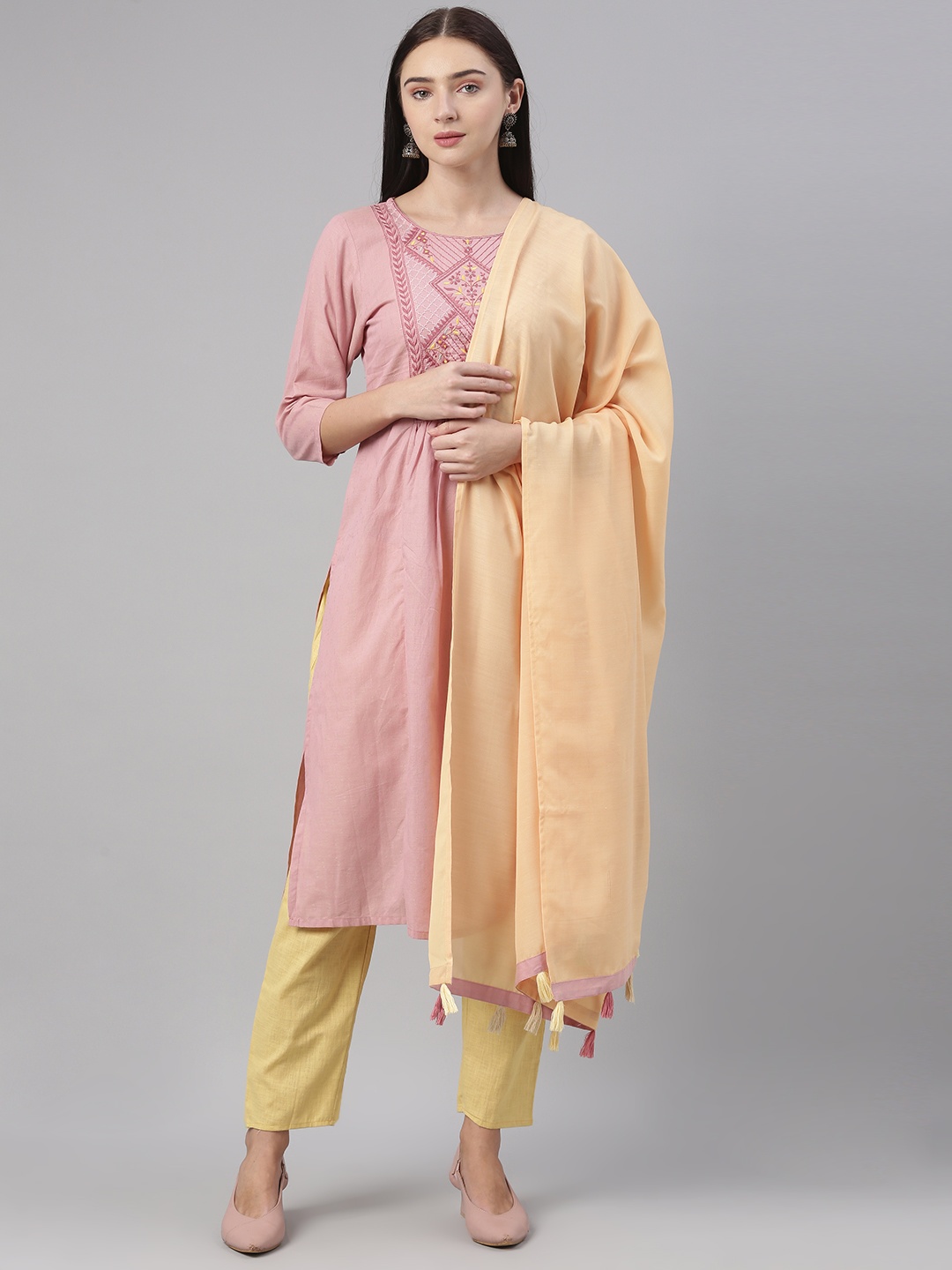 AHIKA Women Pink Embroidered Pure Cotton Kurta with Trousers & With Dupatta