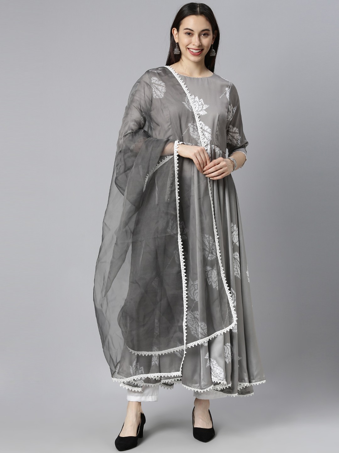 

AHIKA Women Grey Printed Pleated Kurta with Palazzos & With Dupatta