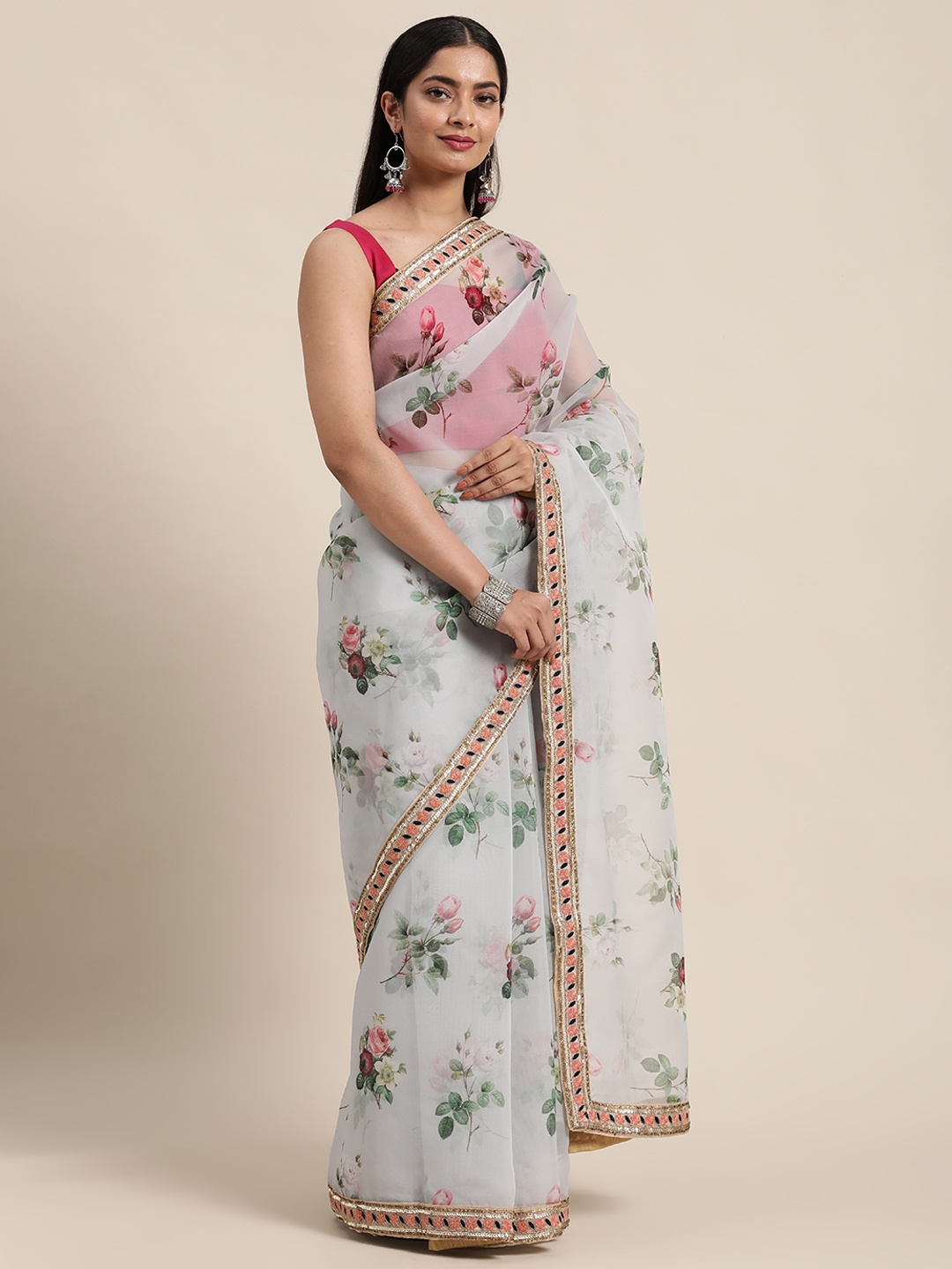 

Ethnovog Grey Pink Floral Organza Saree