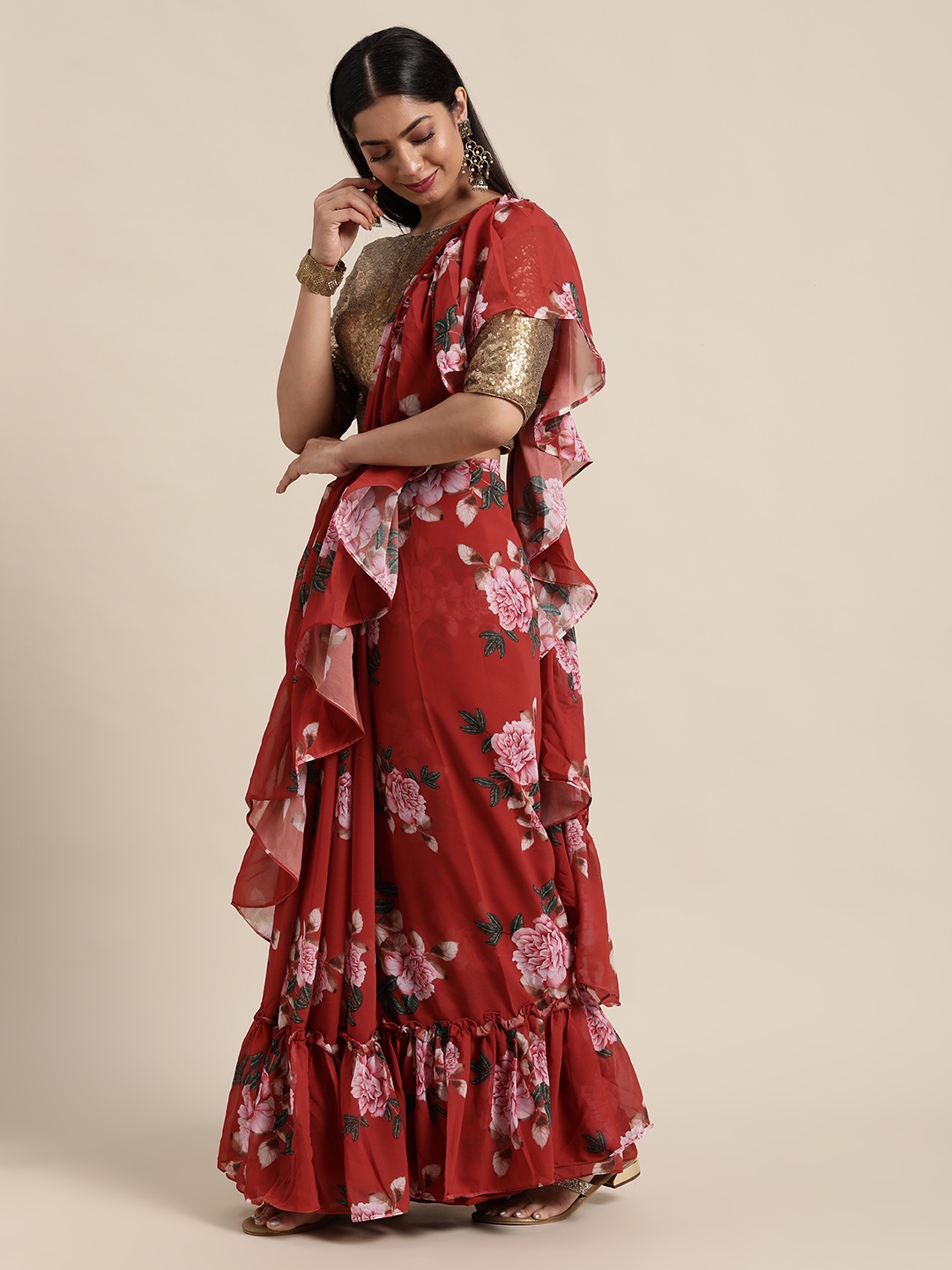 

Ethnovog Floral Printed Ruffled Detail Saree With Stitched Blouse, Rust