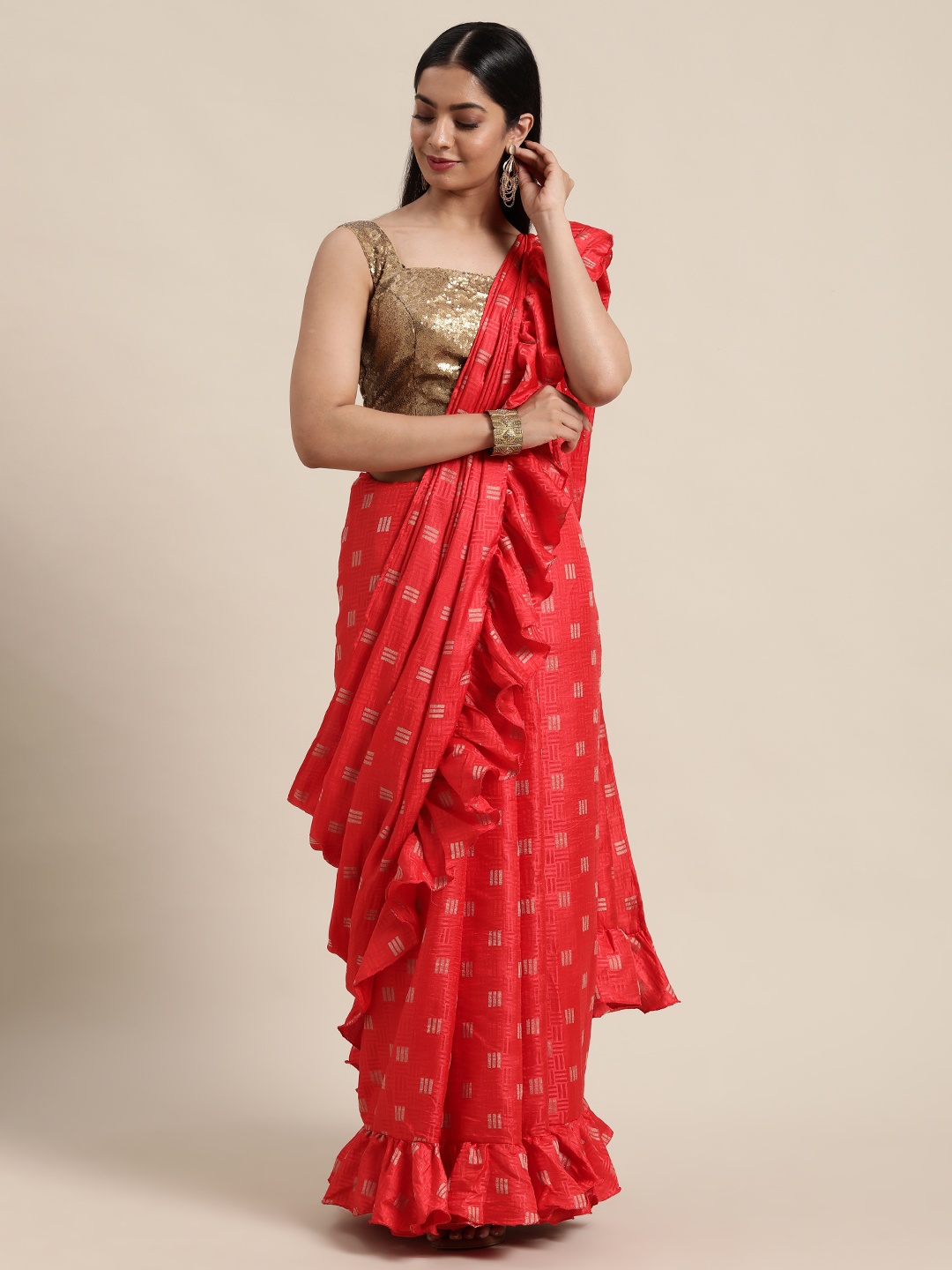 

Ethnovog Brown Red Art Silk Saree With Stitched Blouse