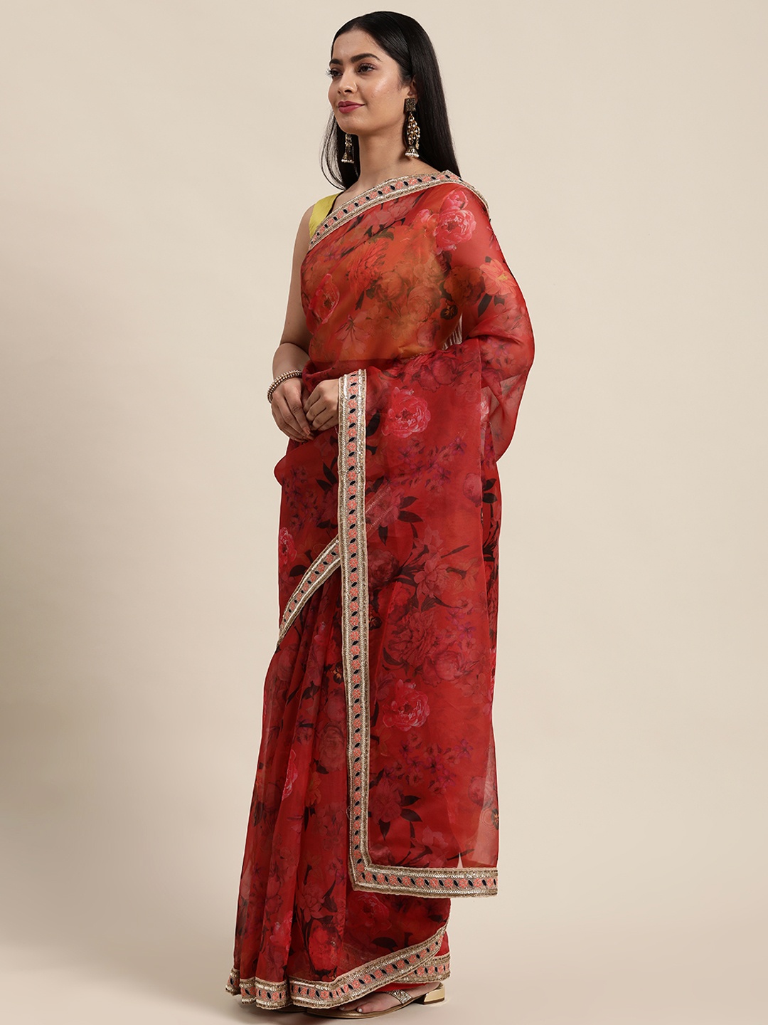 

Ethnovog Red Yellow Floral Embroidered Organza Saree