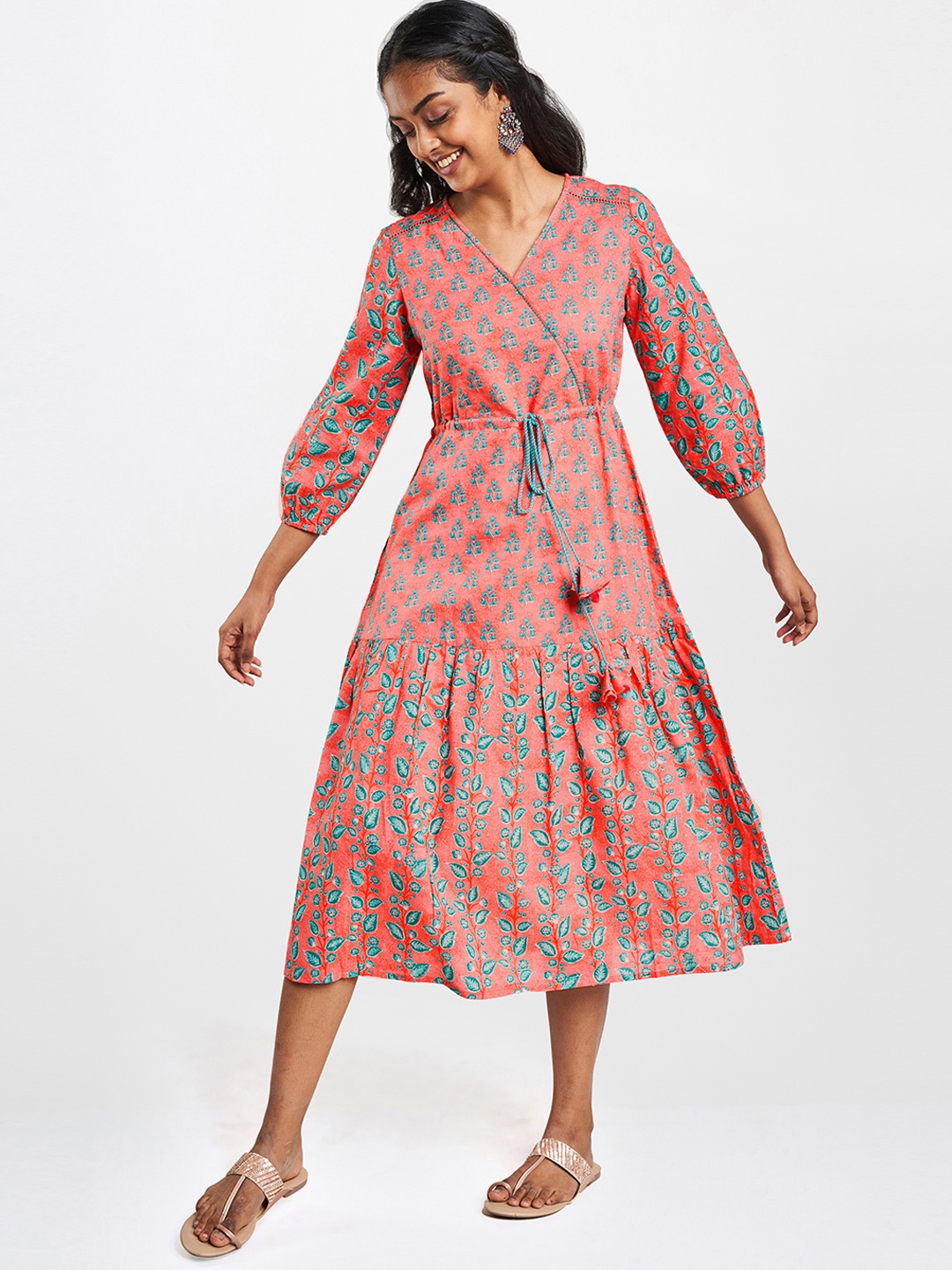 

Global Desi Pink & Green Floral A-Line Midi Dress