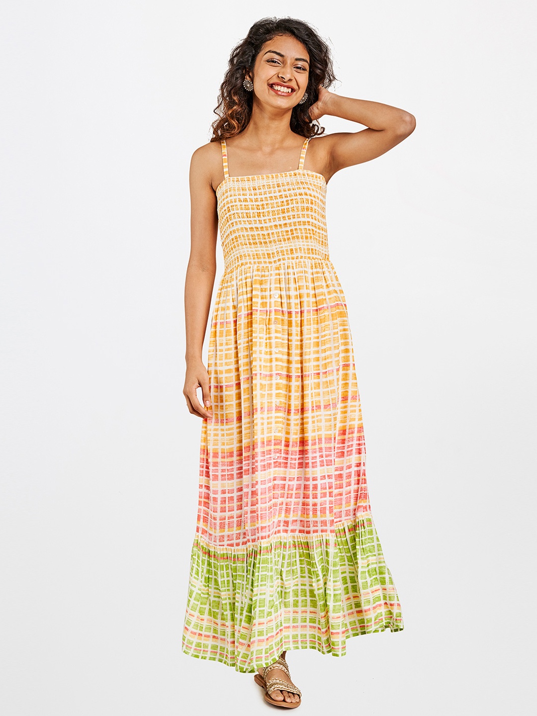 

Global Desi Yellow & White A-Line Shoulder Strap Smocked Maxi Dress