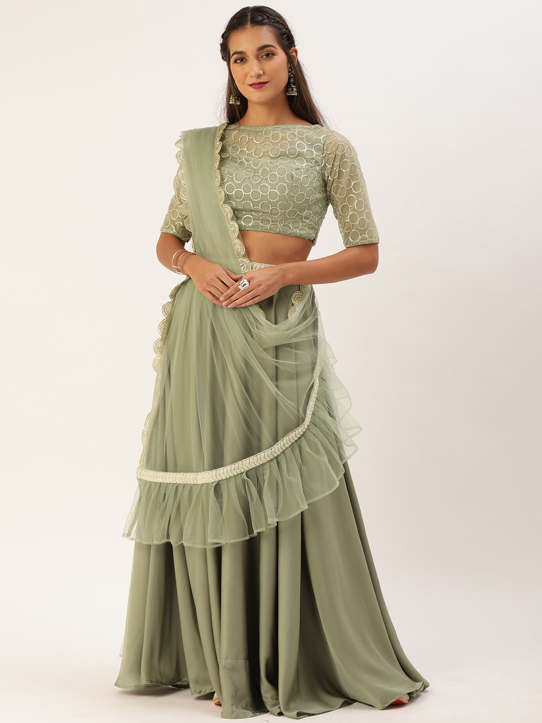 

Ethnovog Green Embellished Made to Measure Lehenga Blouse With Dupatta