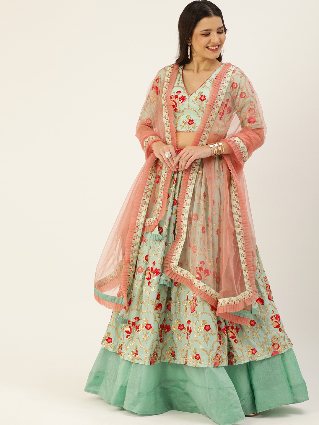 

Ethnovog Blue Pink Embroidered Made to Measure Lehenga Blouse With Dupatta