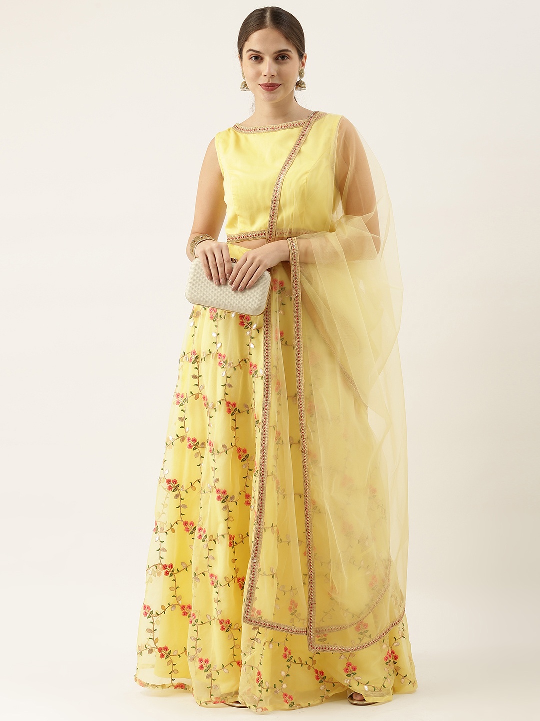 

Ethnovog Yellow Thread Work Made to Measure Lehenga Blouse With Dupatta