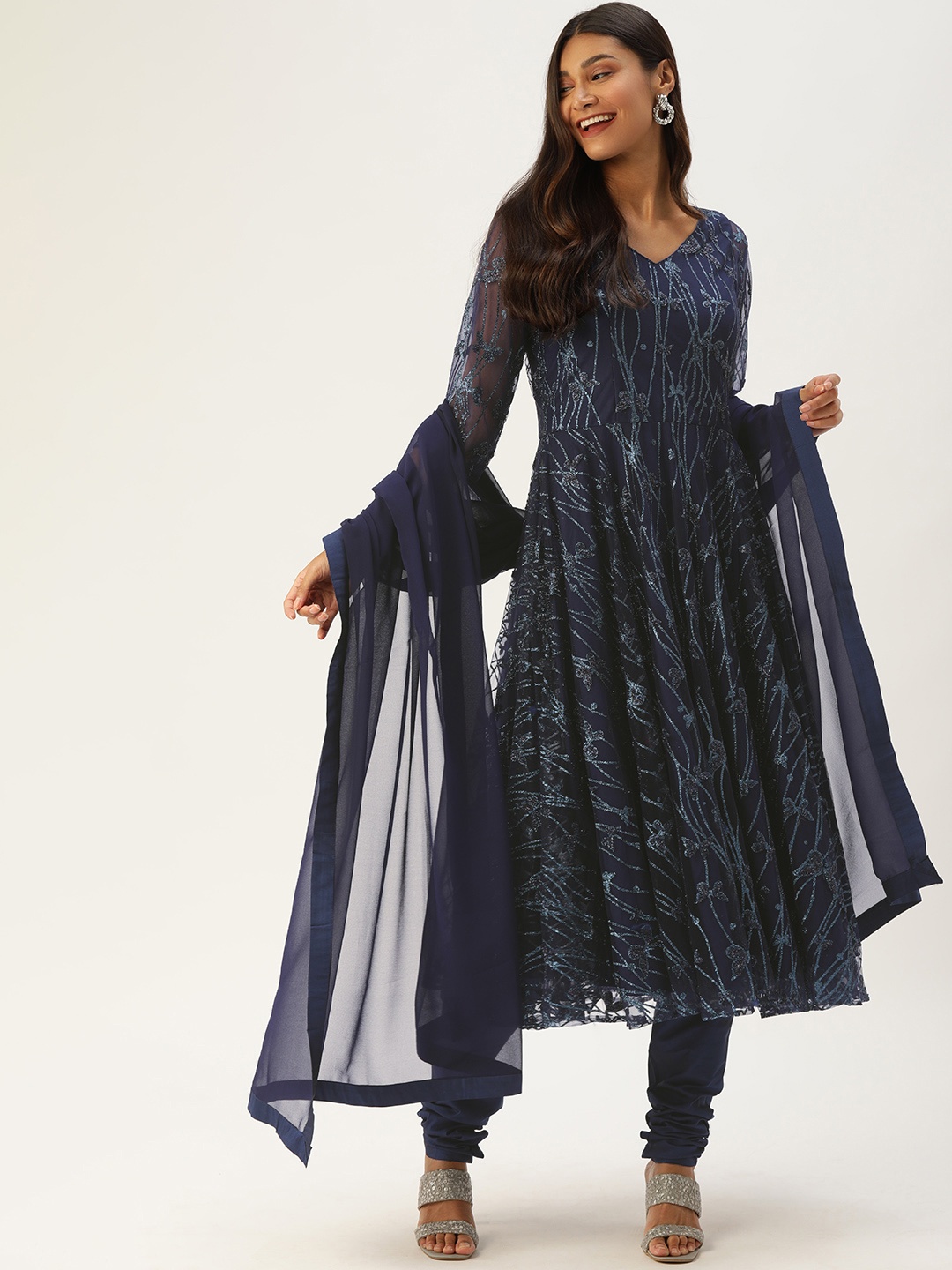 

Ethnovog Women Navy Blue Printed Beads and Stones Kurta with Churidar With Dupatta