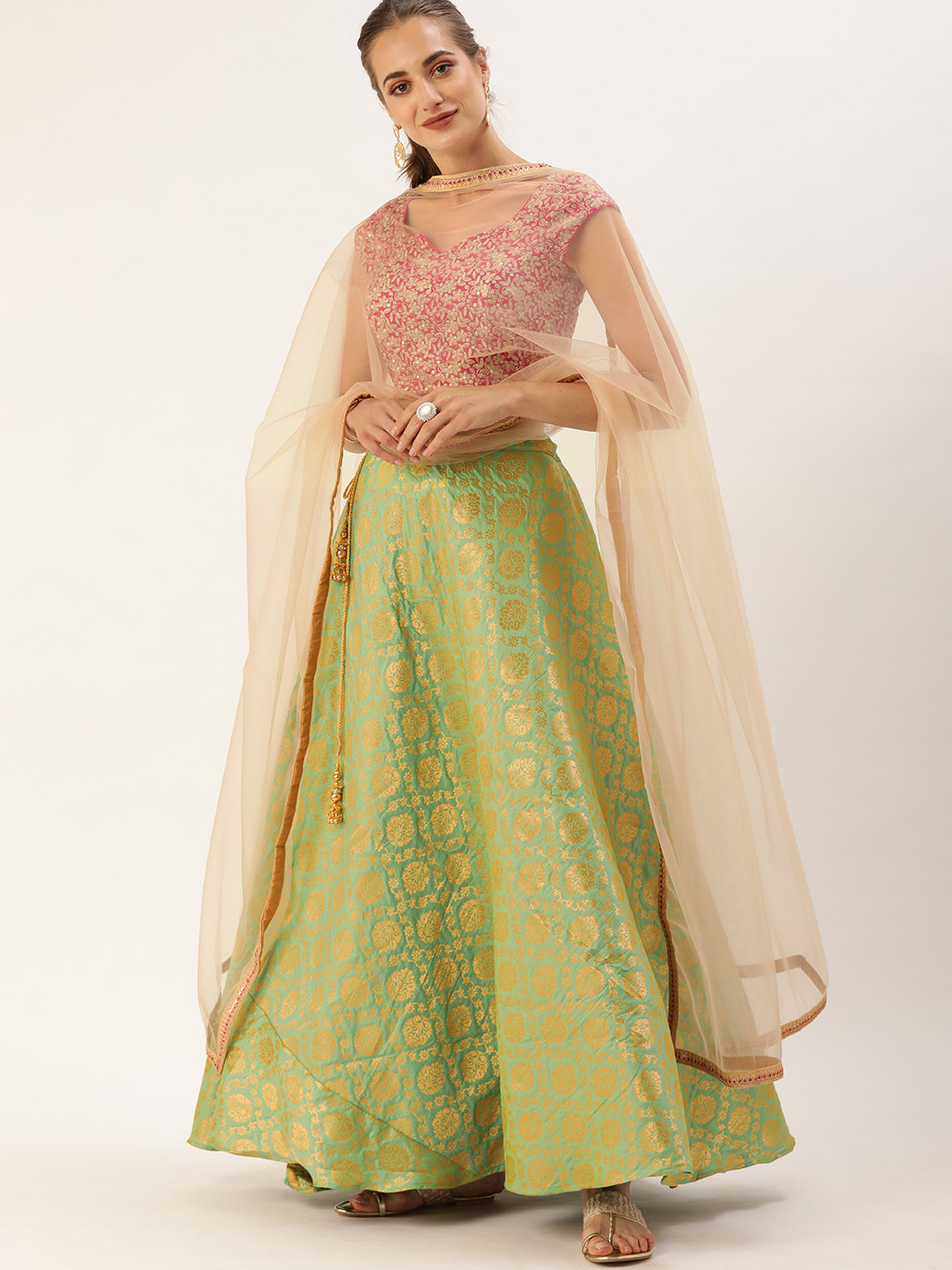 

Ethnovog Pink Green Embroidered Made to Measure Lehenga Blouse With Dupatta