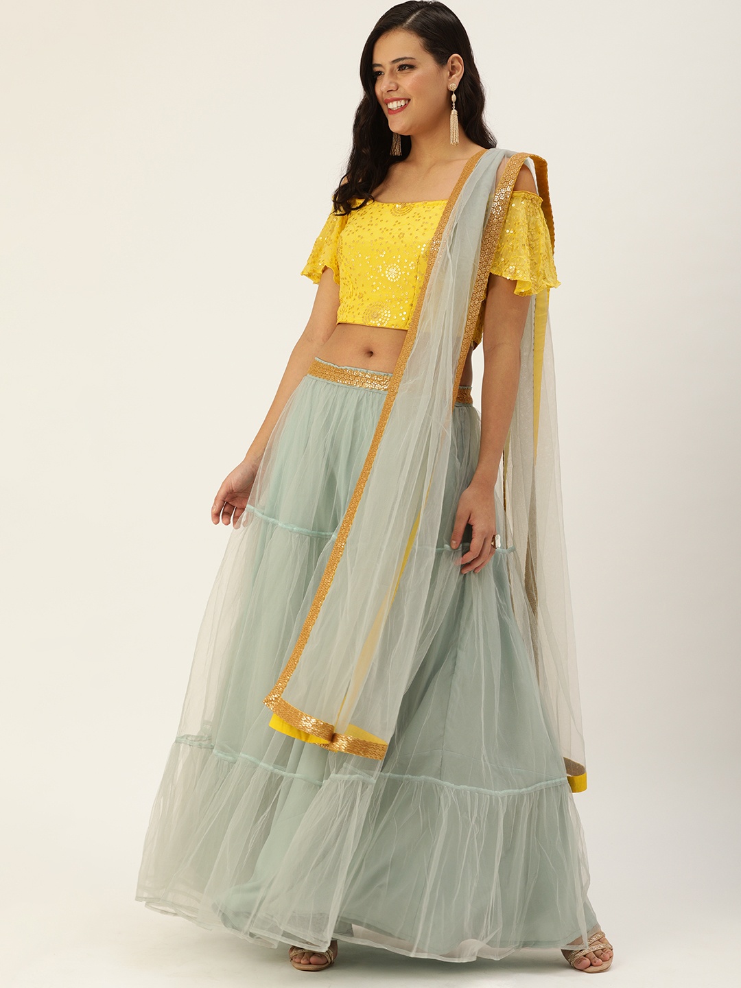 

Ethnovog Yellow Green Embellished Sequinned Made to Measure Lehenga Blouse With Dupatta