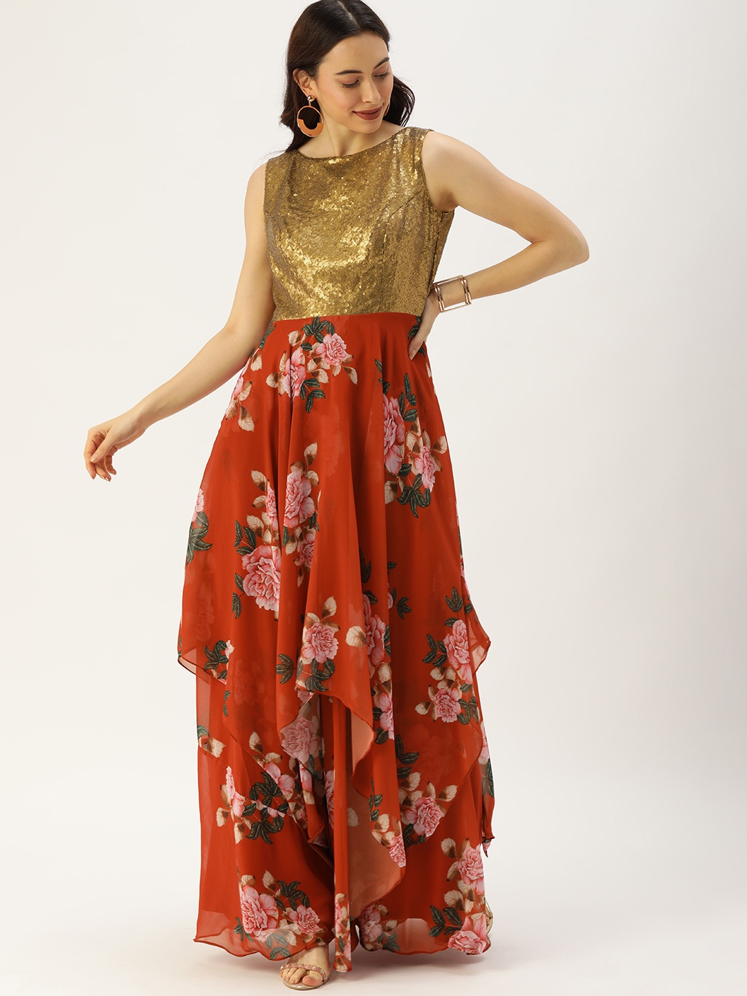 

Ethnovog Brown Red Made To Measure Floral Georgette Maxi Dress