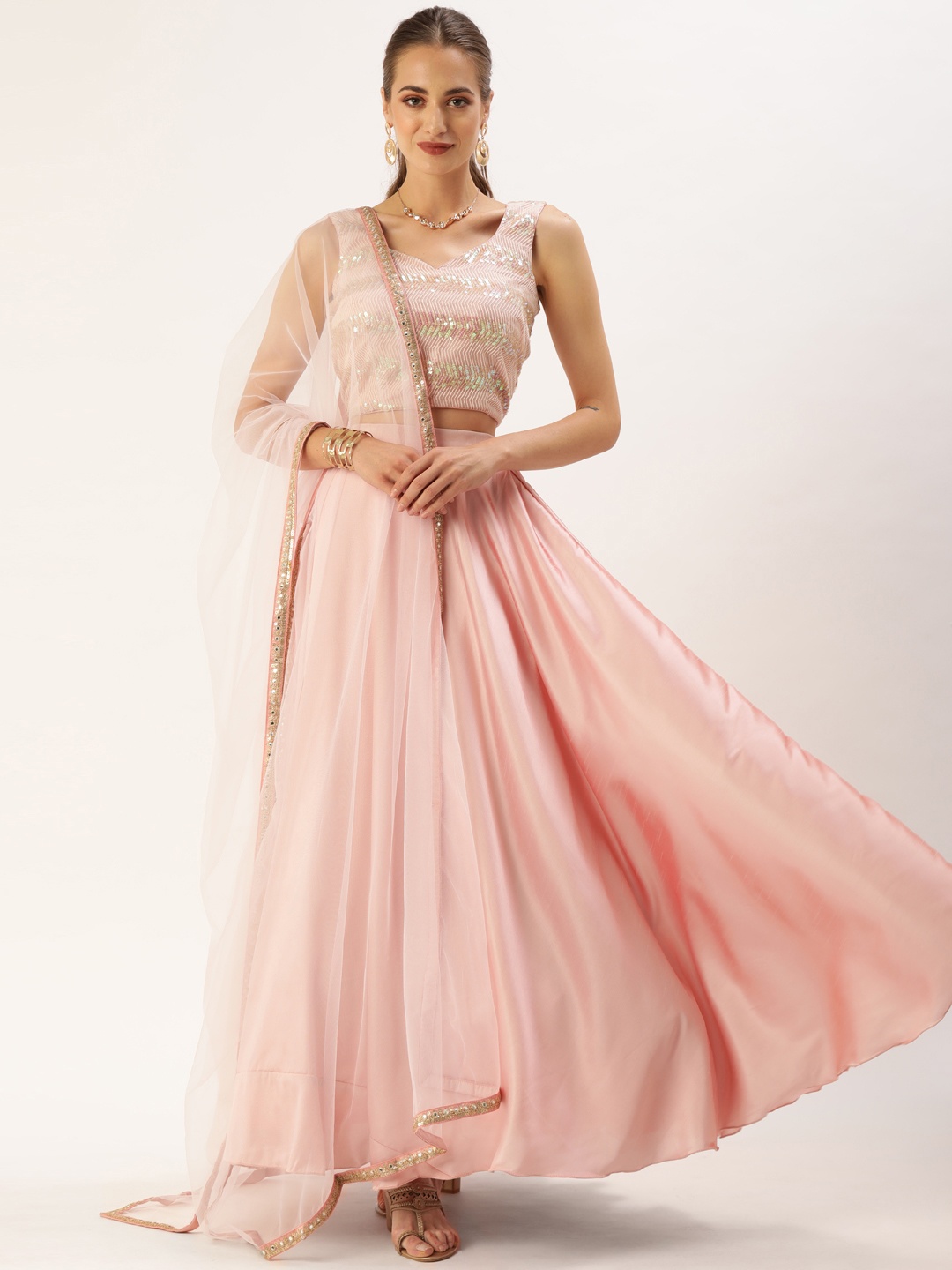 

Ethnovog Pink Embellished Sequinned Made to Measure Lehenga Blouse With Dupatta