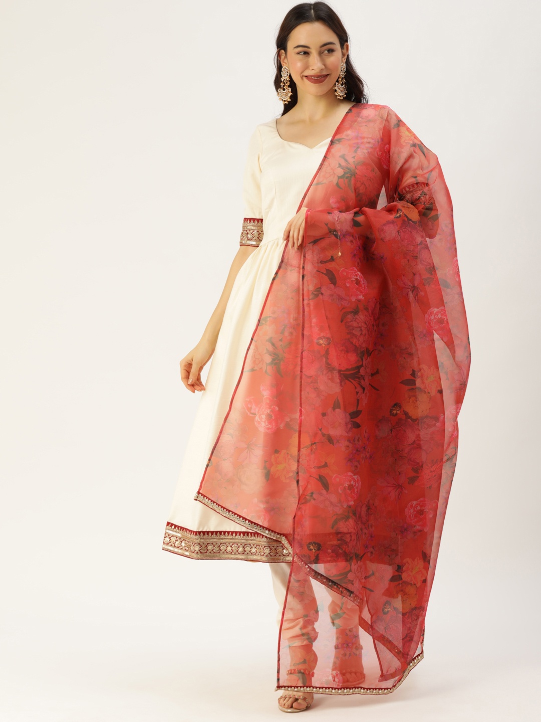 

Ethnovog Women Cream- Coloured Red Made to Measure Kurta with Churidar Dupatta