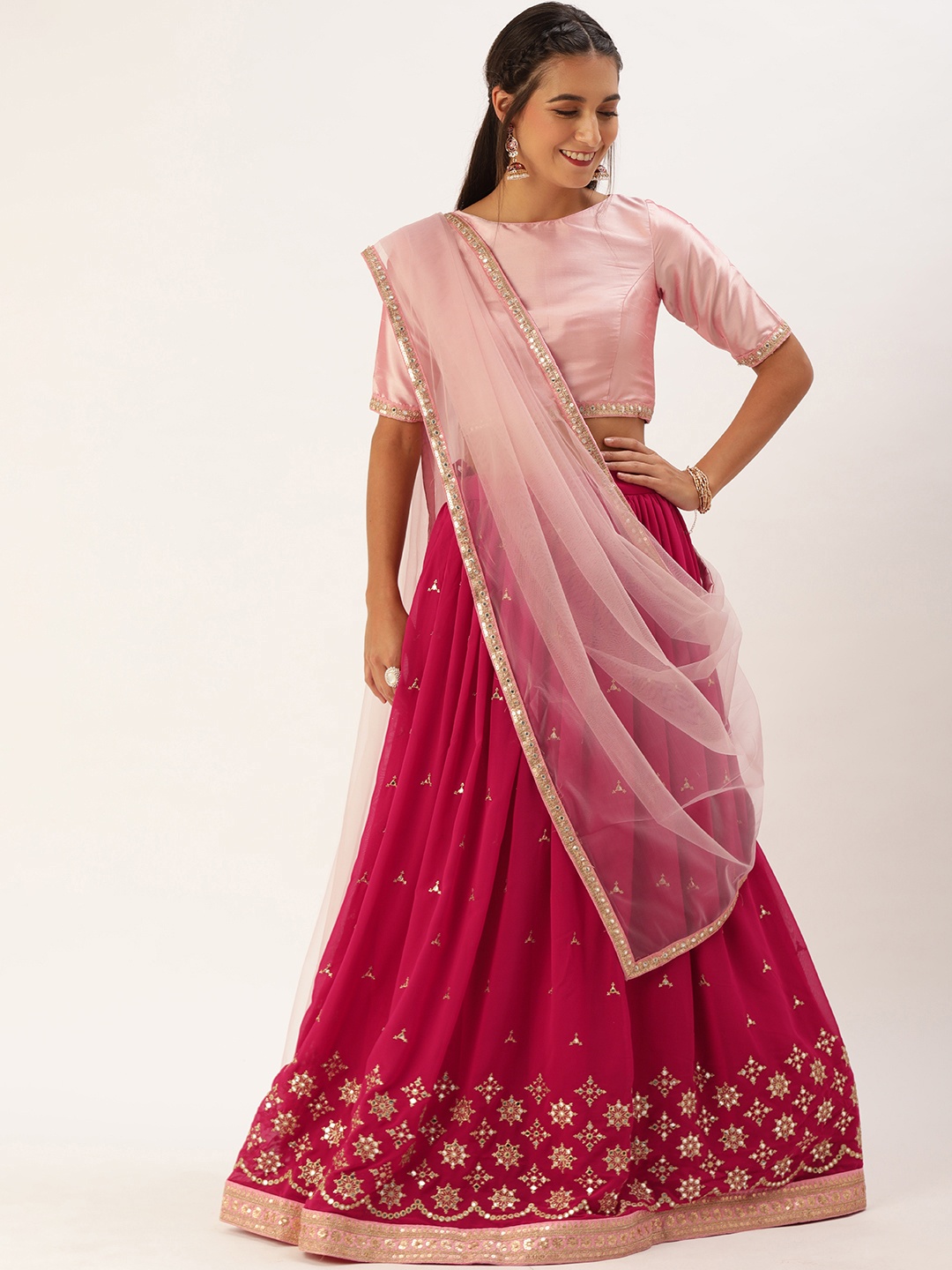 

Ethnovog Pink Sequinned Made to Measure Lehenga Blouse With Dupatta