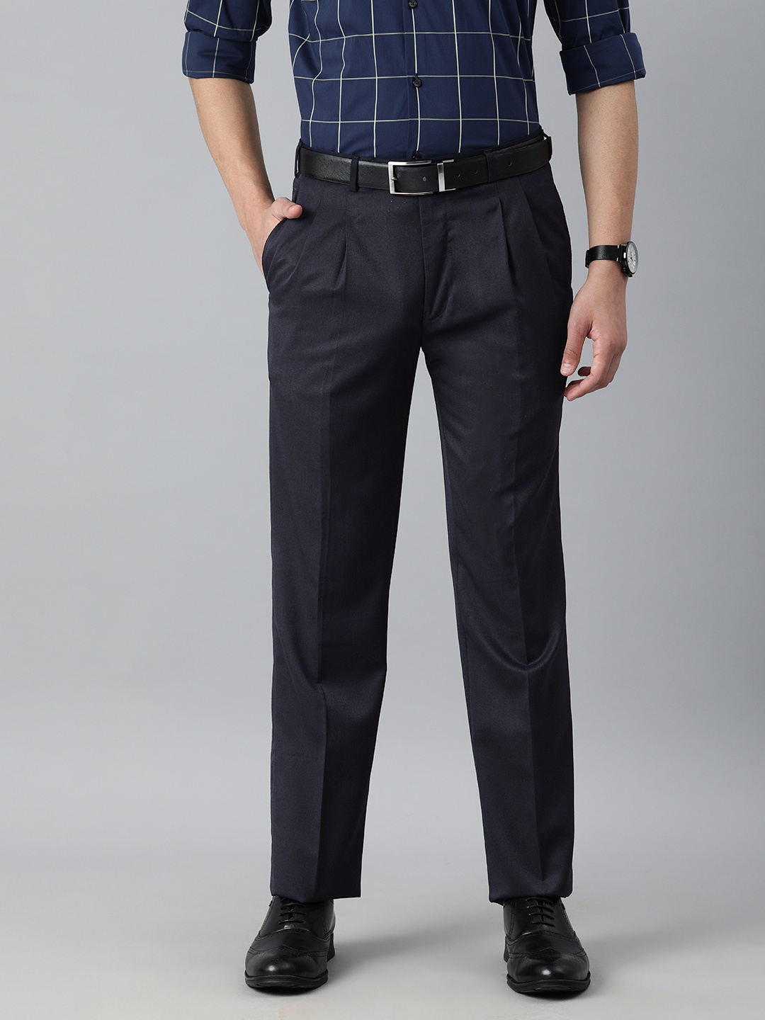 

Park Avenue Men Navy Blue Pleated Formal Trousers