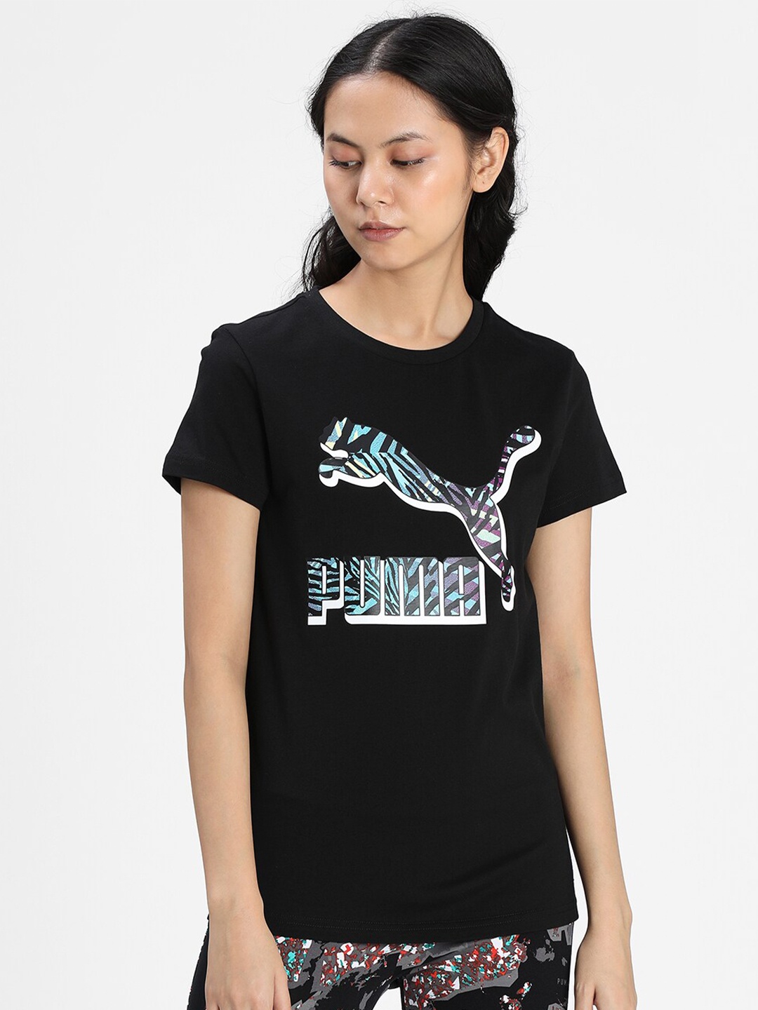 

Puma Women Black & White CG Reg Fit Graphic Tee