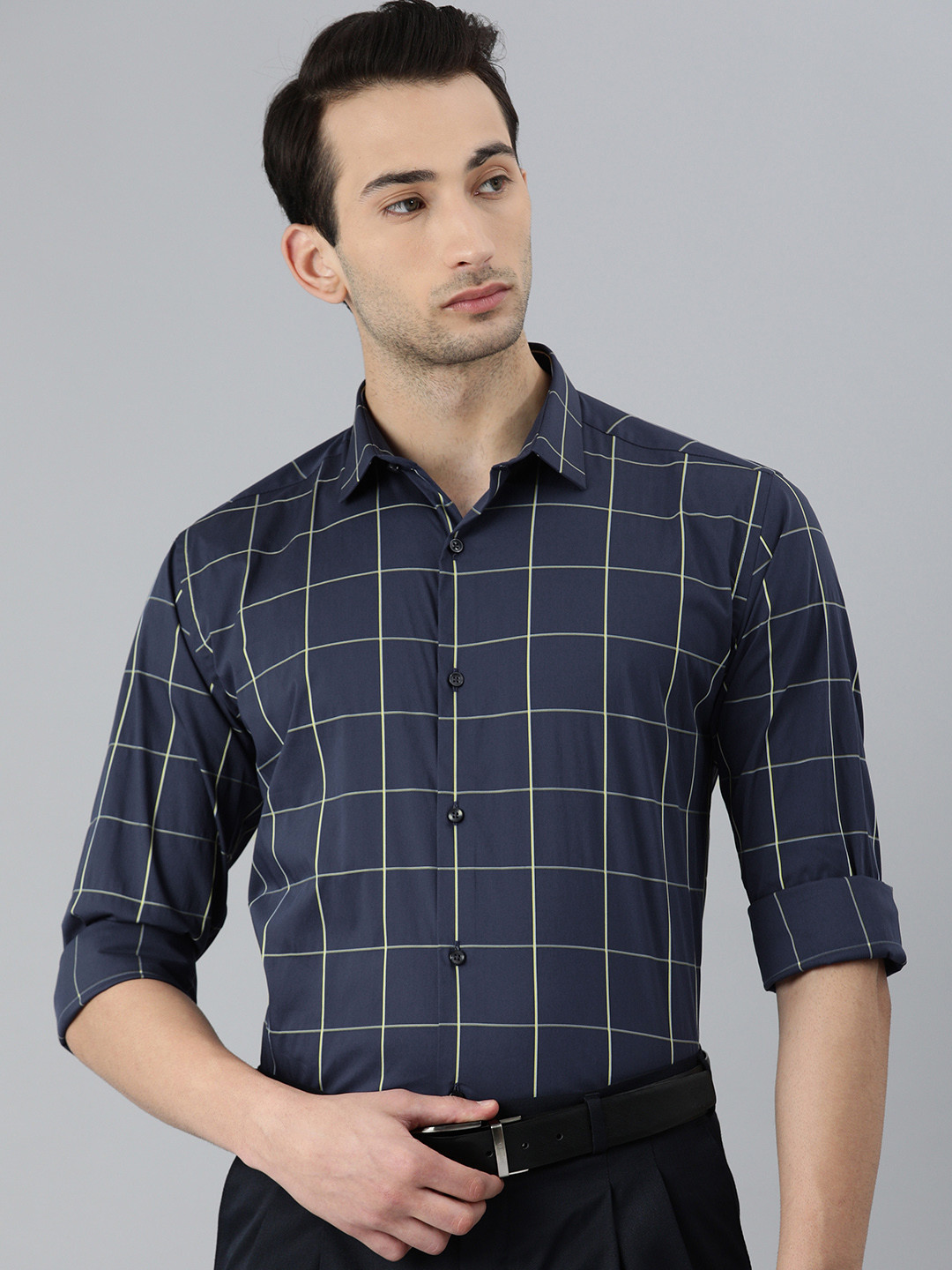 

Park Avenue Men Navy Blue Slim Fit Windowpane Checks Checked Formal Shirt