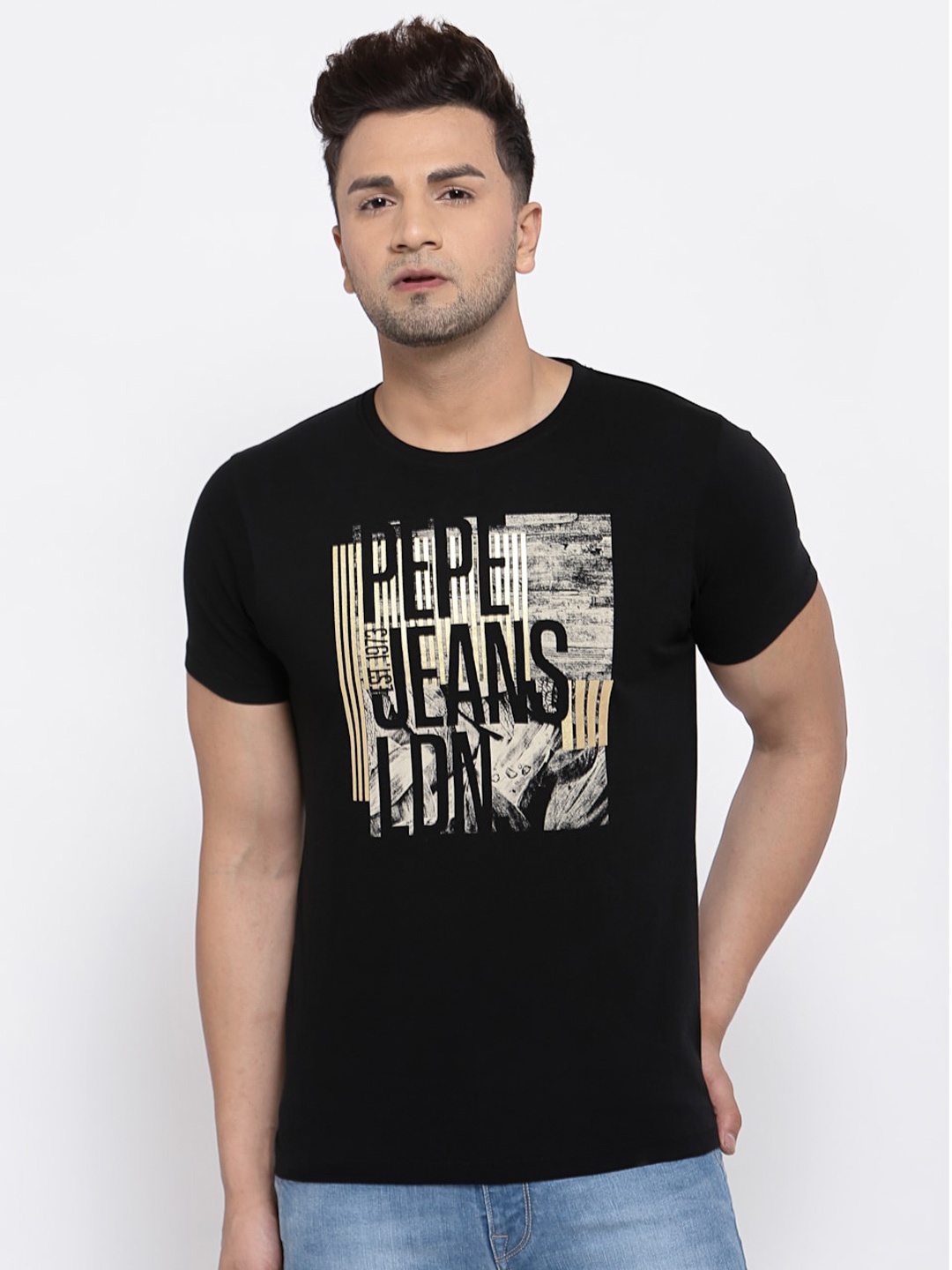 

Pepe Jeans Men Black & Off-White Printed Round Neck T-shirt
