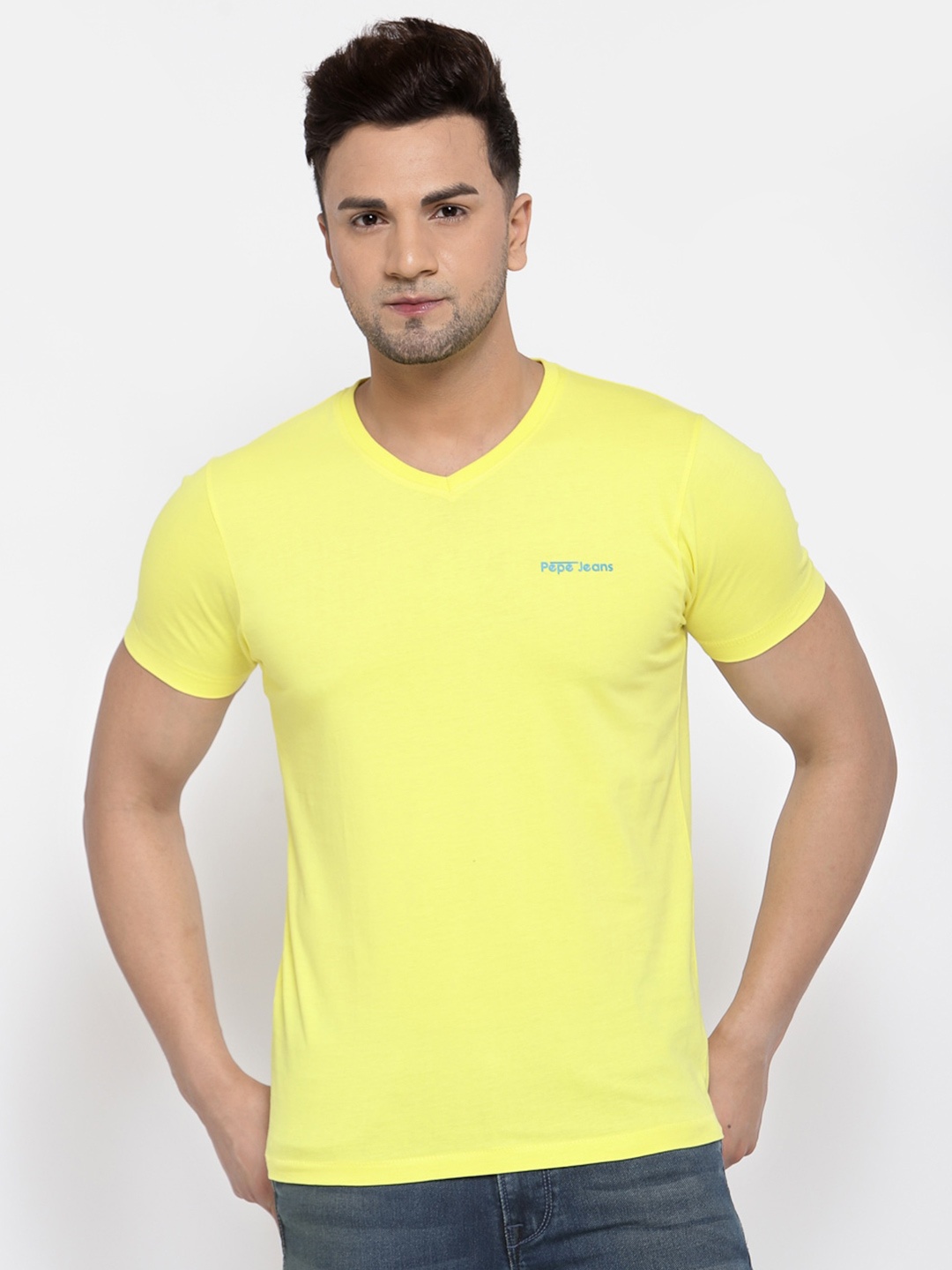 

Pepe Jeans Men Yellow Solid V-Neck T-shirt