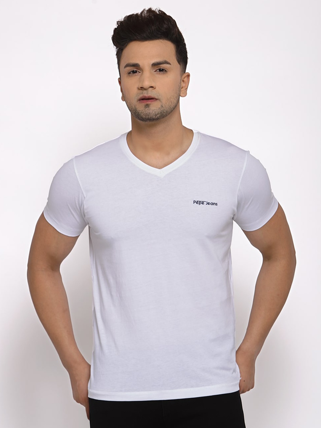 

Pepe Jeans Men White Solid V-Neck T-shirt