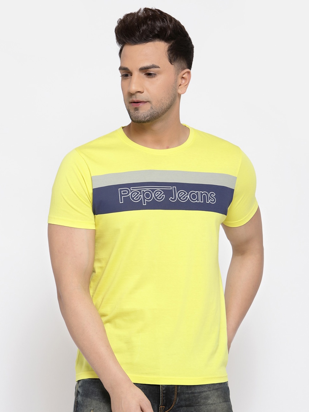 

Pepe Jeans Men Yellow Striped Round Neck T-shirt
