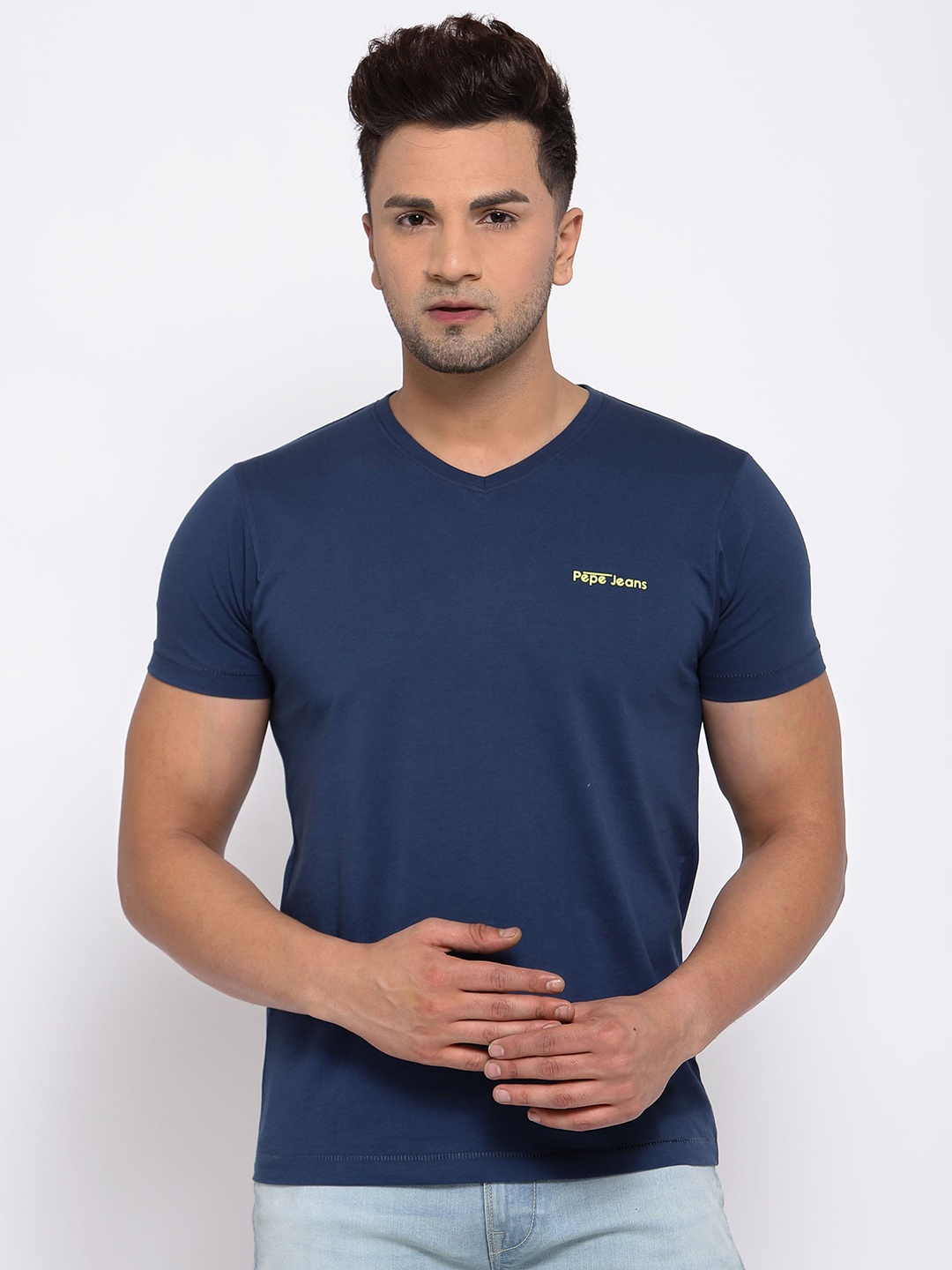 

Pepe Jeans Men Navy Blue Solid V-Neck T-shirt