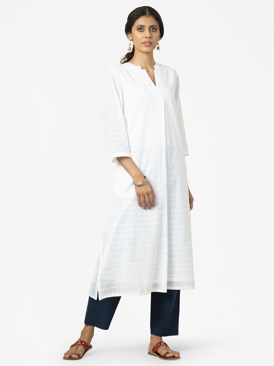 

Fabindia Women White Checked Dobby Pure Cotton Kurta