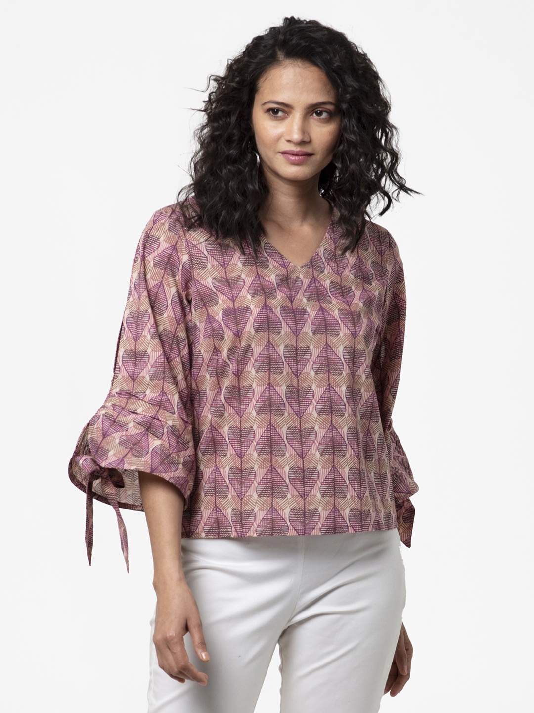 

Fabindia Pink & Purple Floral Bell Sleeve Pure Cotton High-Low Top