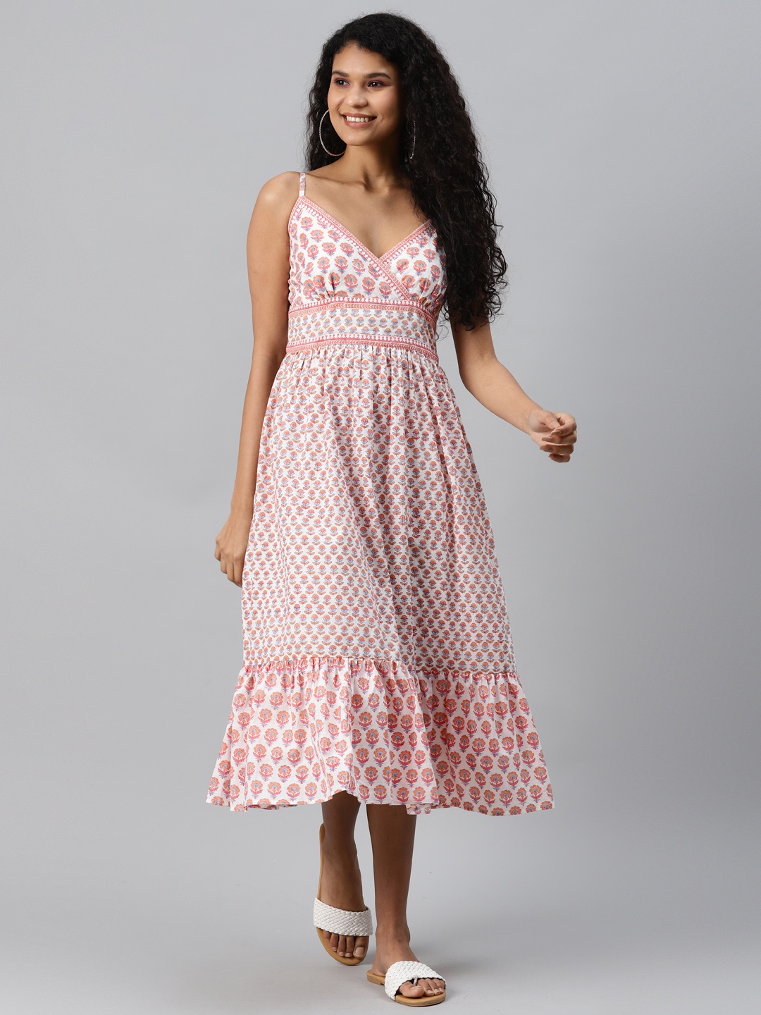 

Fabindia White & Pink Cotton Hand Block Ethnic Motifs A-Line Tiered Midi Dress
